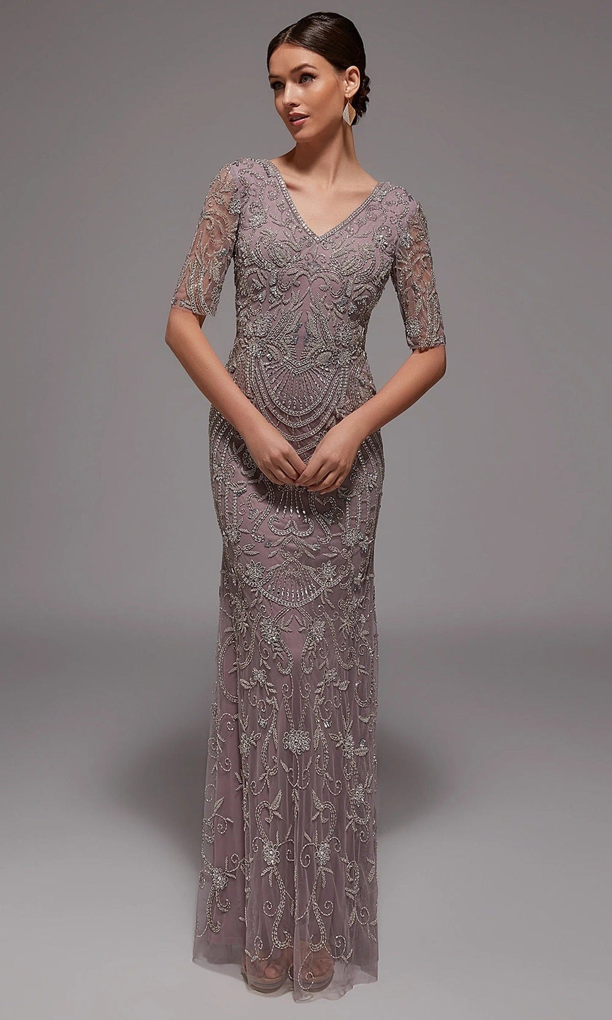 Alyce Paris 27824 - Beaded V Neck Gown with Sheer Sleeves