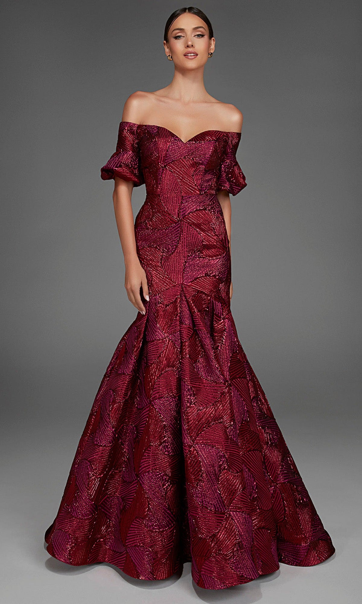 Alyce Paris 27889 - Geometric Texture Puff Sleeve Evening Gown