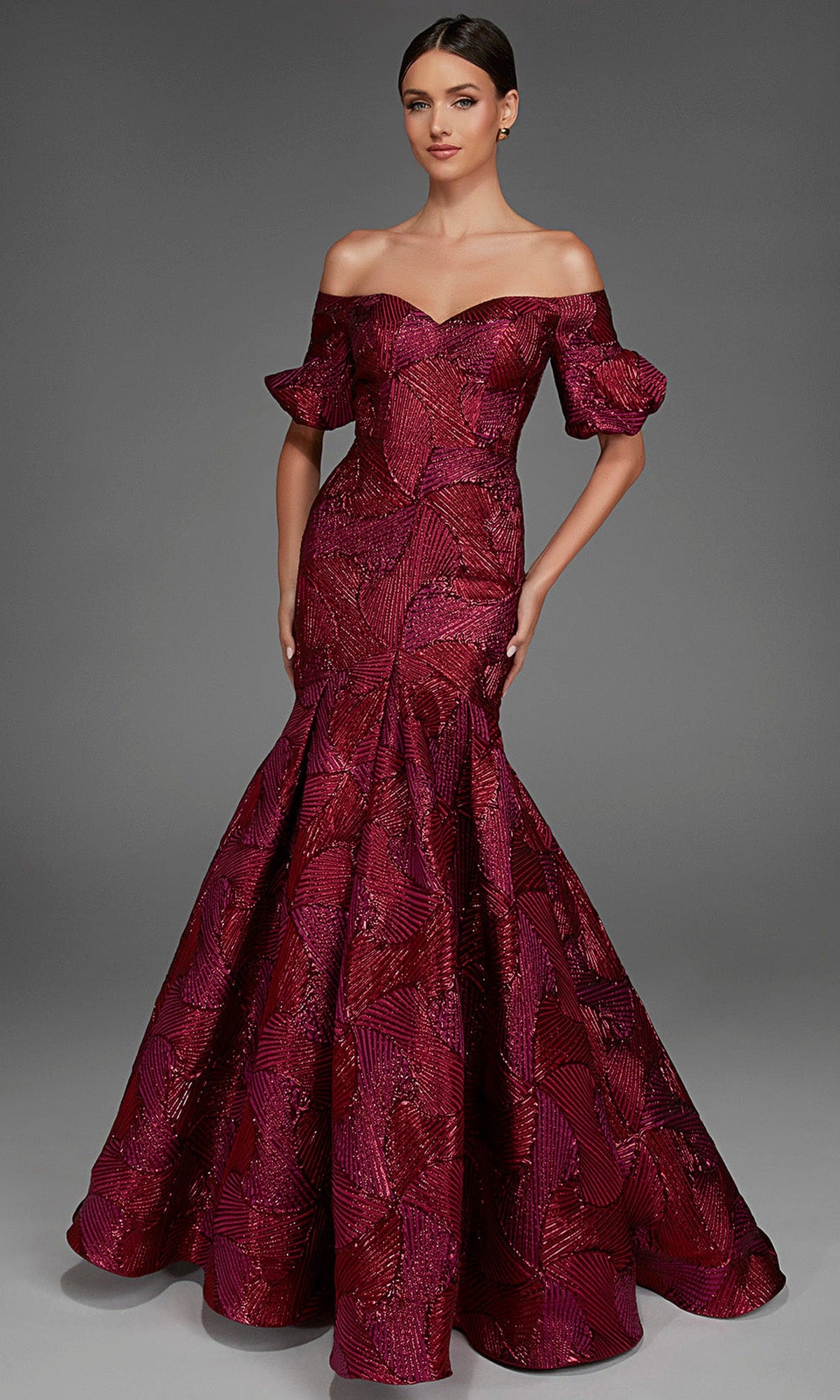 Alyce Paris 27889 - Geometric Texture Puff Sleeve Evening Gown