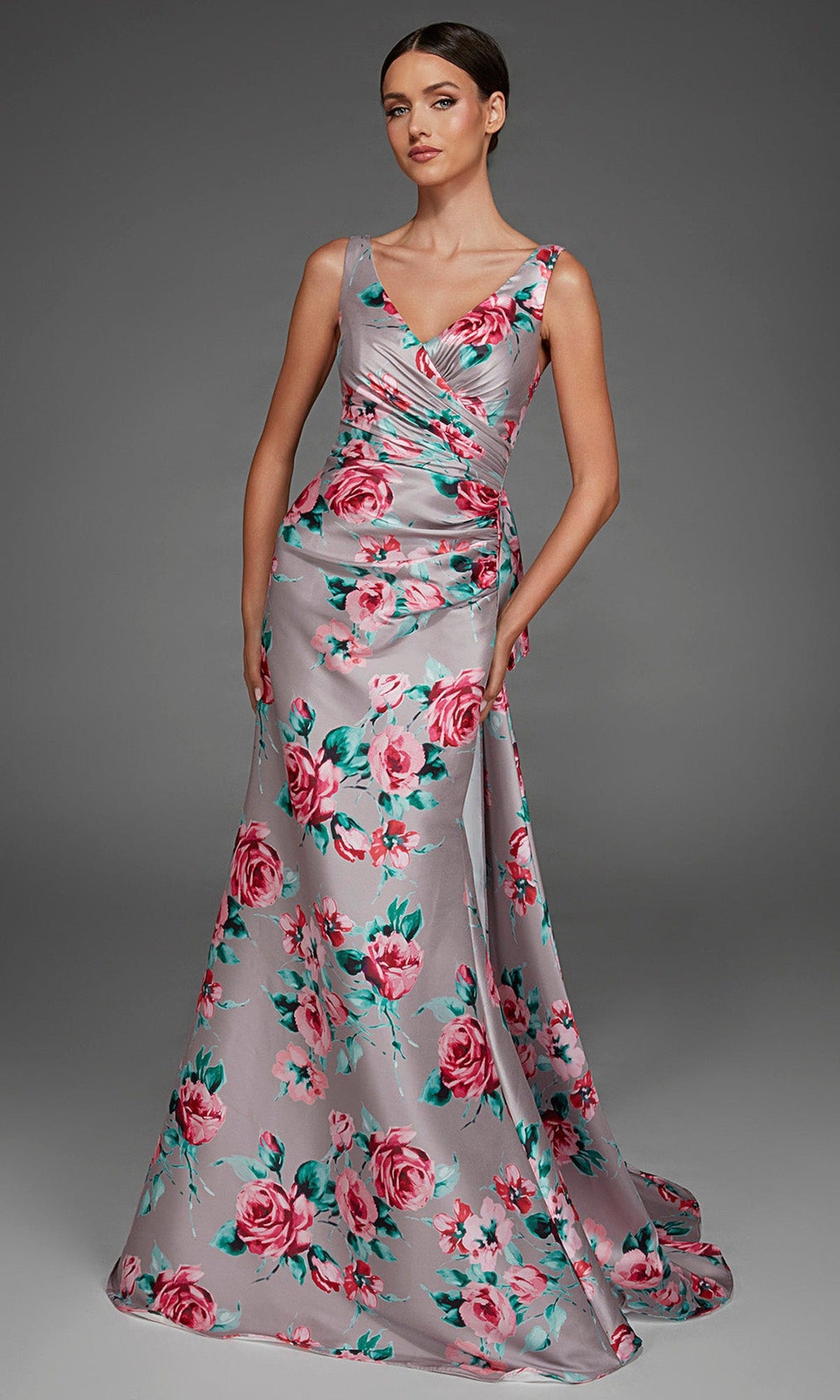 Alyce Paris 27917 - Floral Print Ruched V-Neck Evening Gown