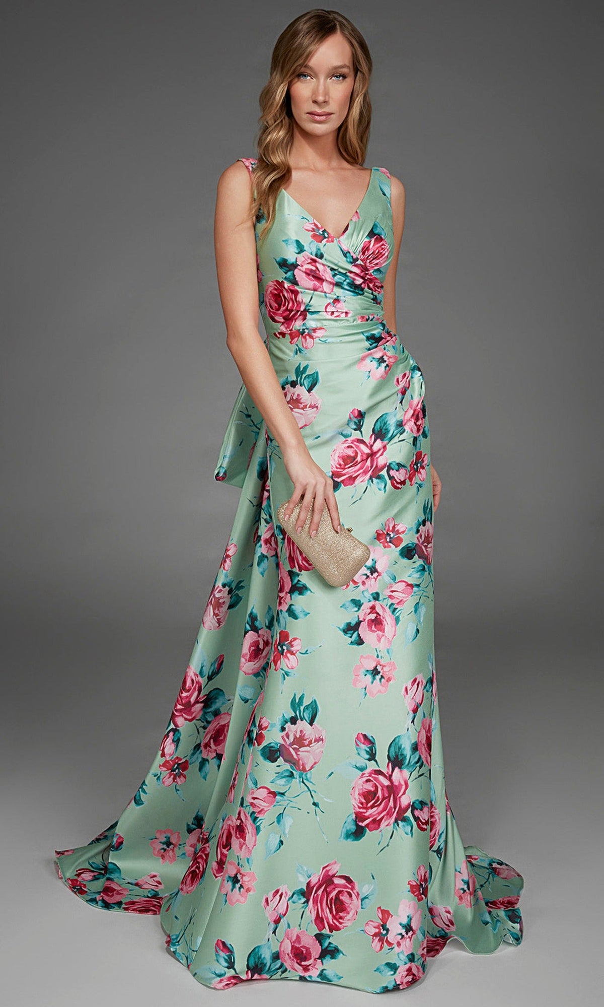 Alyce Paris 27917 - Floral Print Ruched V-Neck Evening Gown