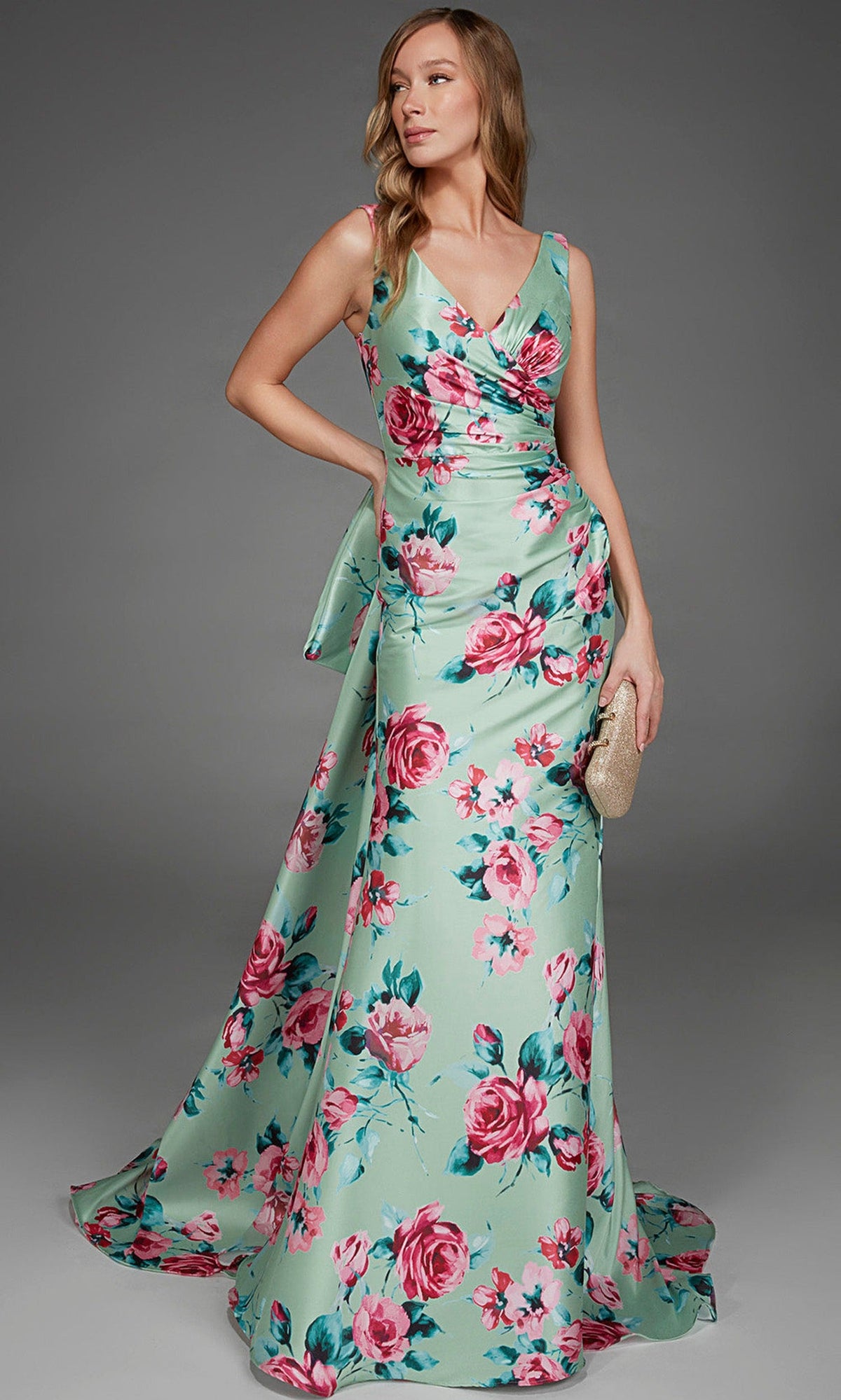 Alyce Paris 27917 - Floral Print Ruched V-Neck Evening Gown