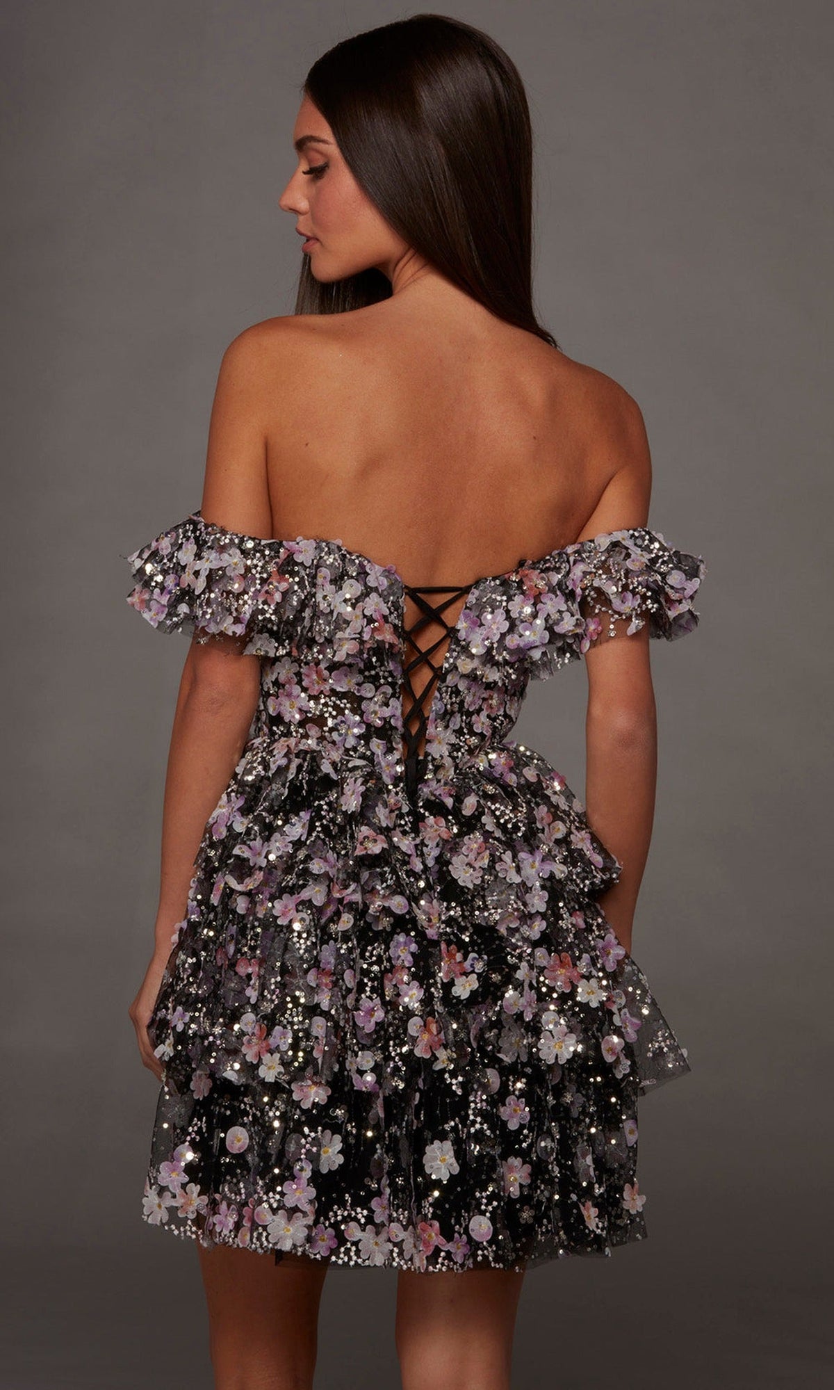 Alyce Paris 30115 - Floral Off Shoulder Mini Dress with Ruffles