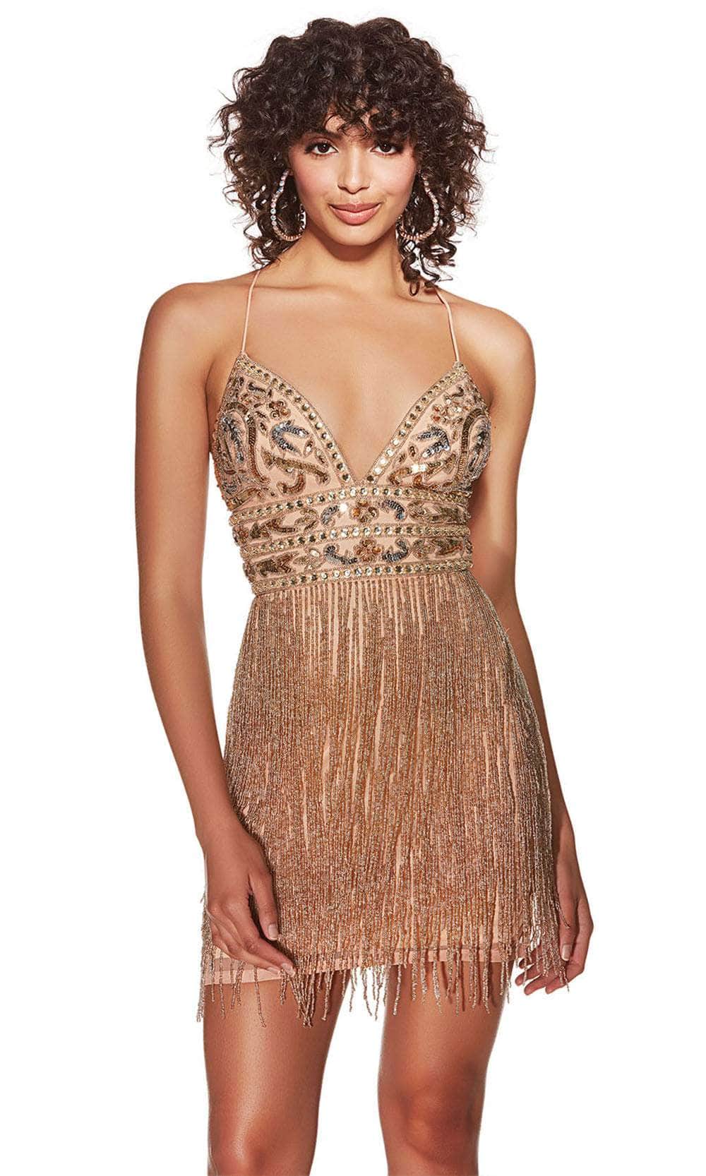 Alyce Paris 4801 - Deep V-Neck Fringed Cocktail Dress - detail view