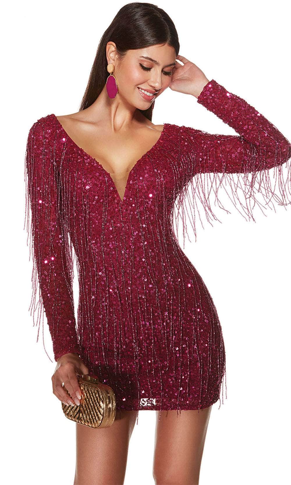 Alyce Paris 4873 - Fringes Plunging V-Neck Cocktail Dress - view 10