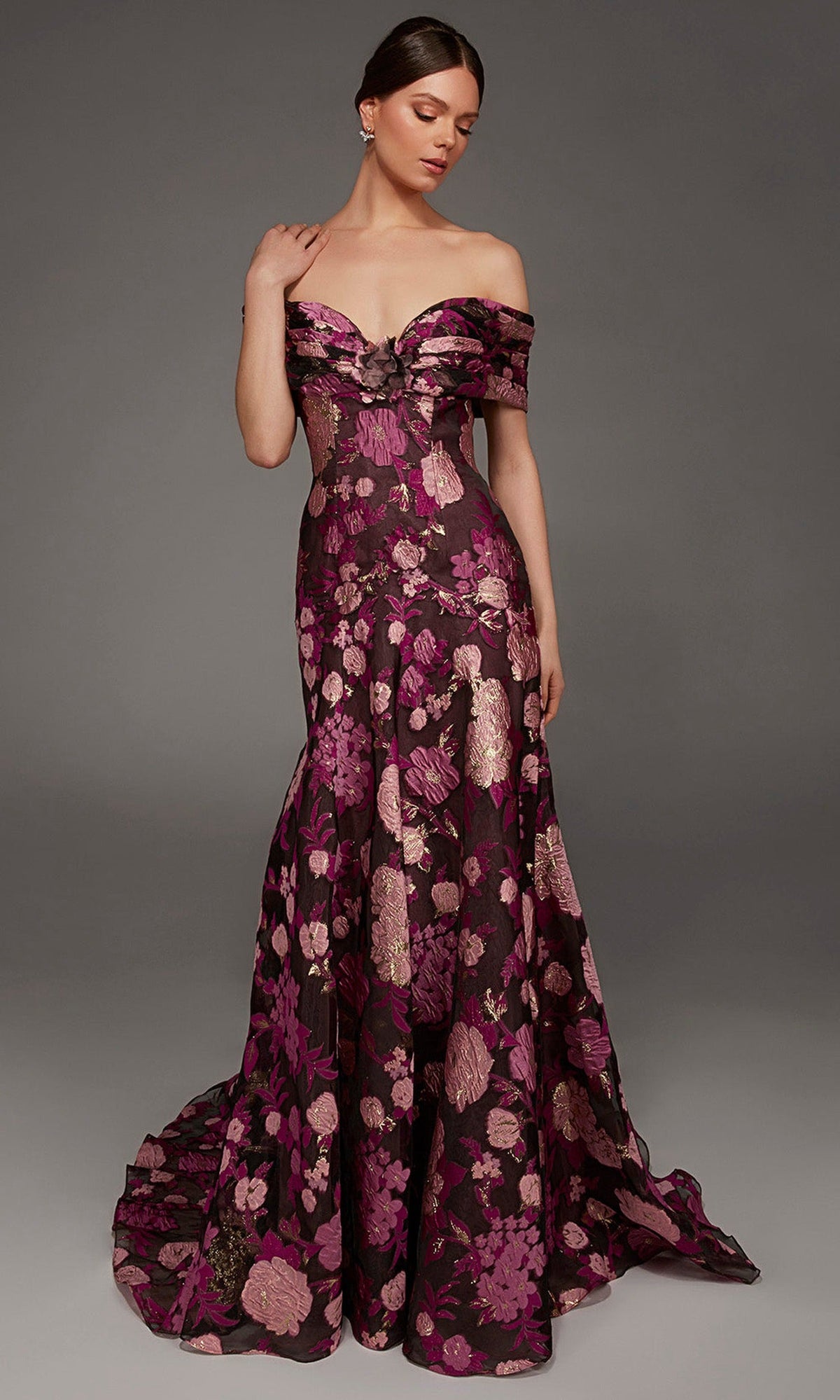 Alyce Paris 55005 - Folded Off Shoulder Floral Pattern Evening Gown