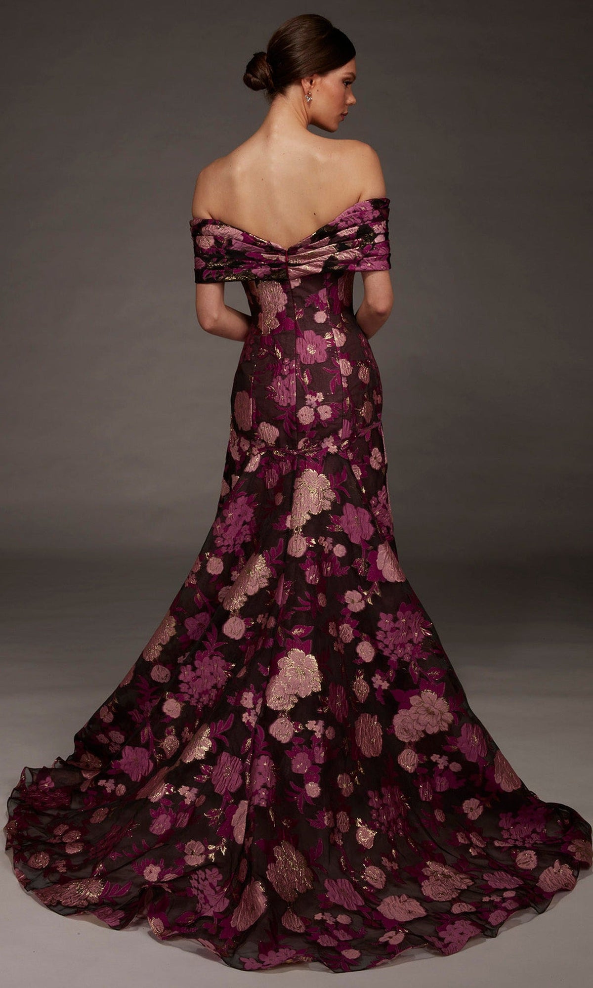 Alyce Paris 55005 - Folded Off Shoulder Floral Pattern Evening Gown