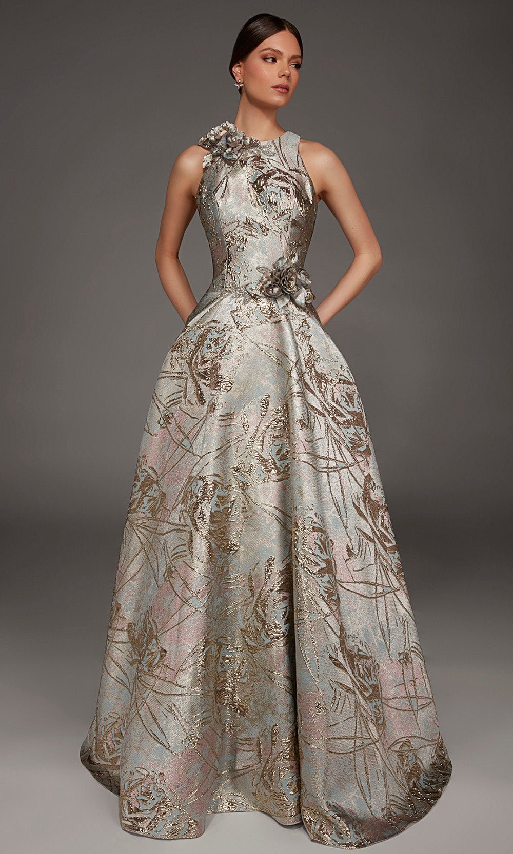 Alyce Paris 55027 - Rosette Accent High Neck A-Line Gown - Silhouette Dresses