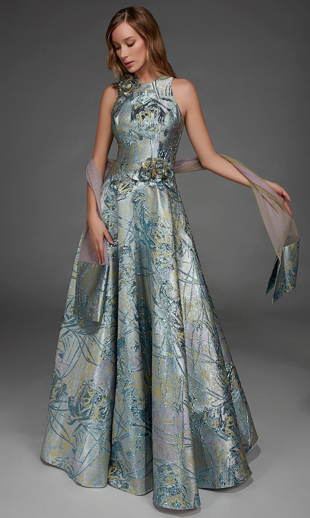 Alyce Paris 55027 - Rosette Accent High Neck A-Line Gown - Silhouette Dresses