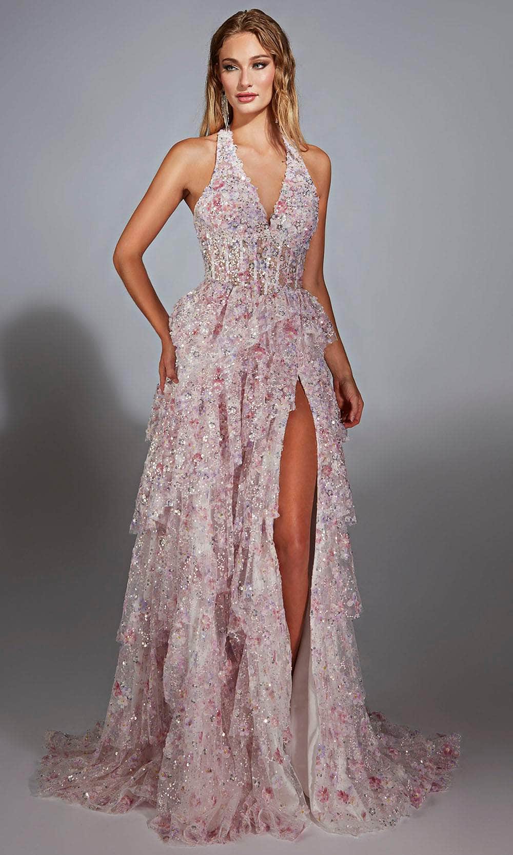 Alyce Paris 61740 - Halter Neckline Floral Sequin Gown - Silhouette Dresses