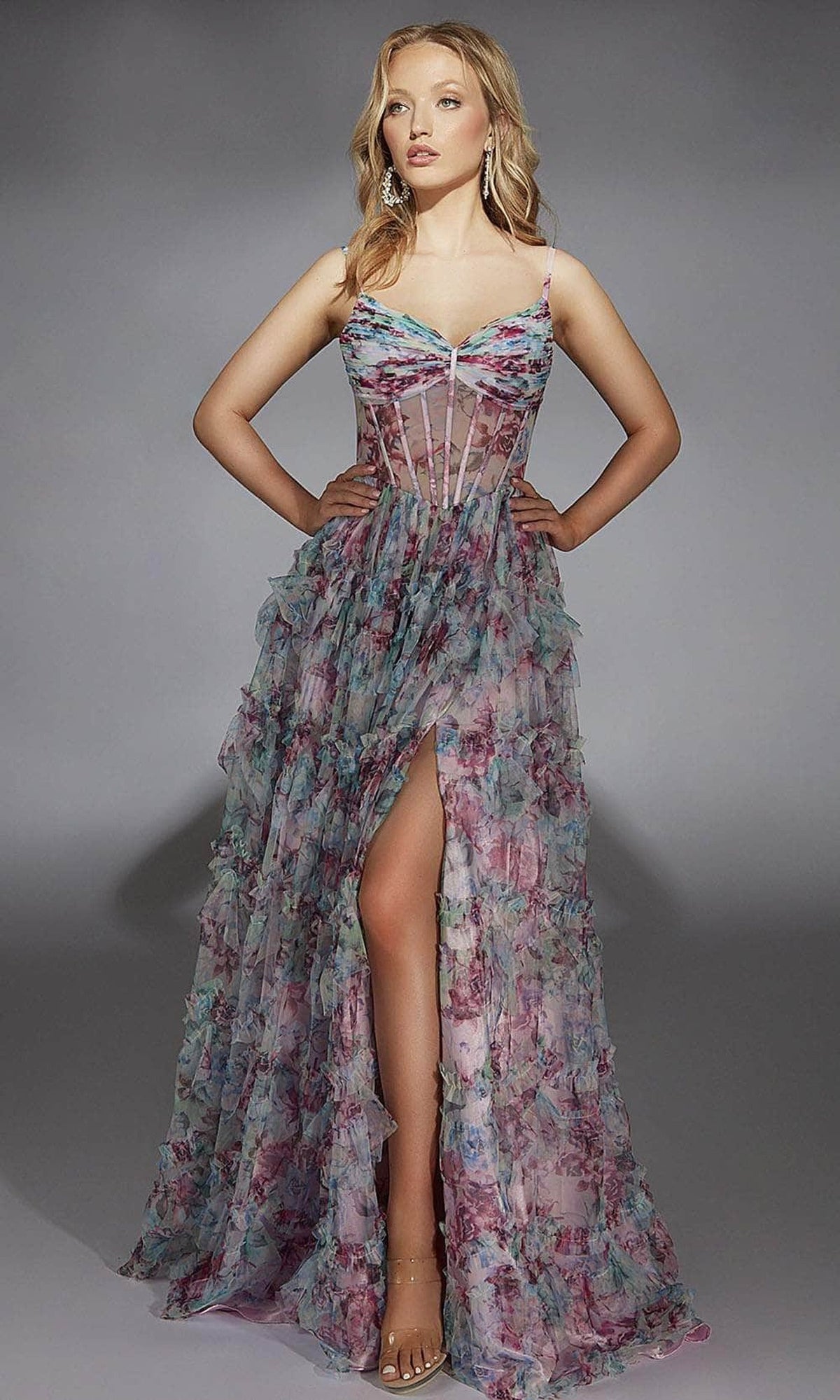 Alyce Paris 61748 - V-Neck Floral Print Evening Gown