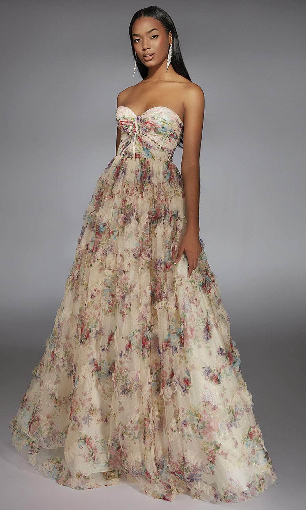 Alyce Paris 61957 - Floral Print Strapless Layered Gown - detail view