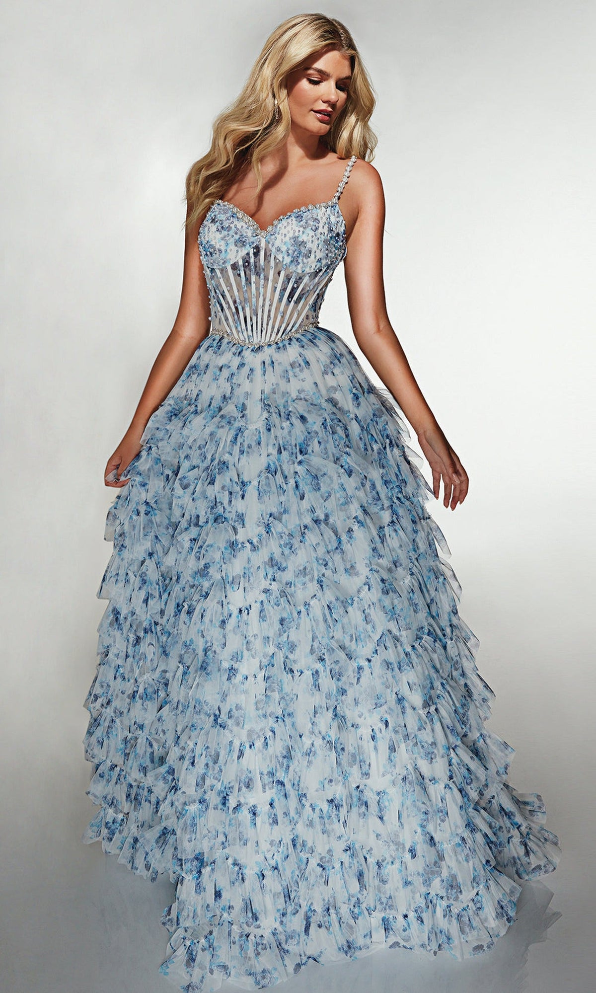 Alyce Paris 62182 - Floral Ruffle Ballgown with Beaded Bodice