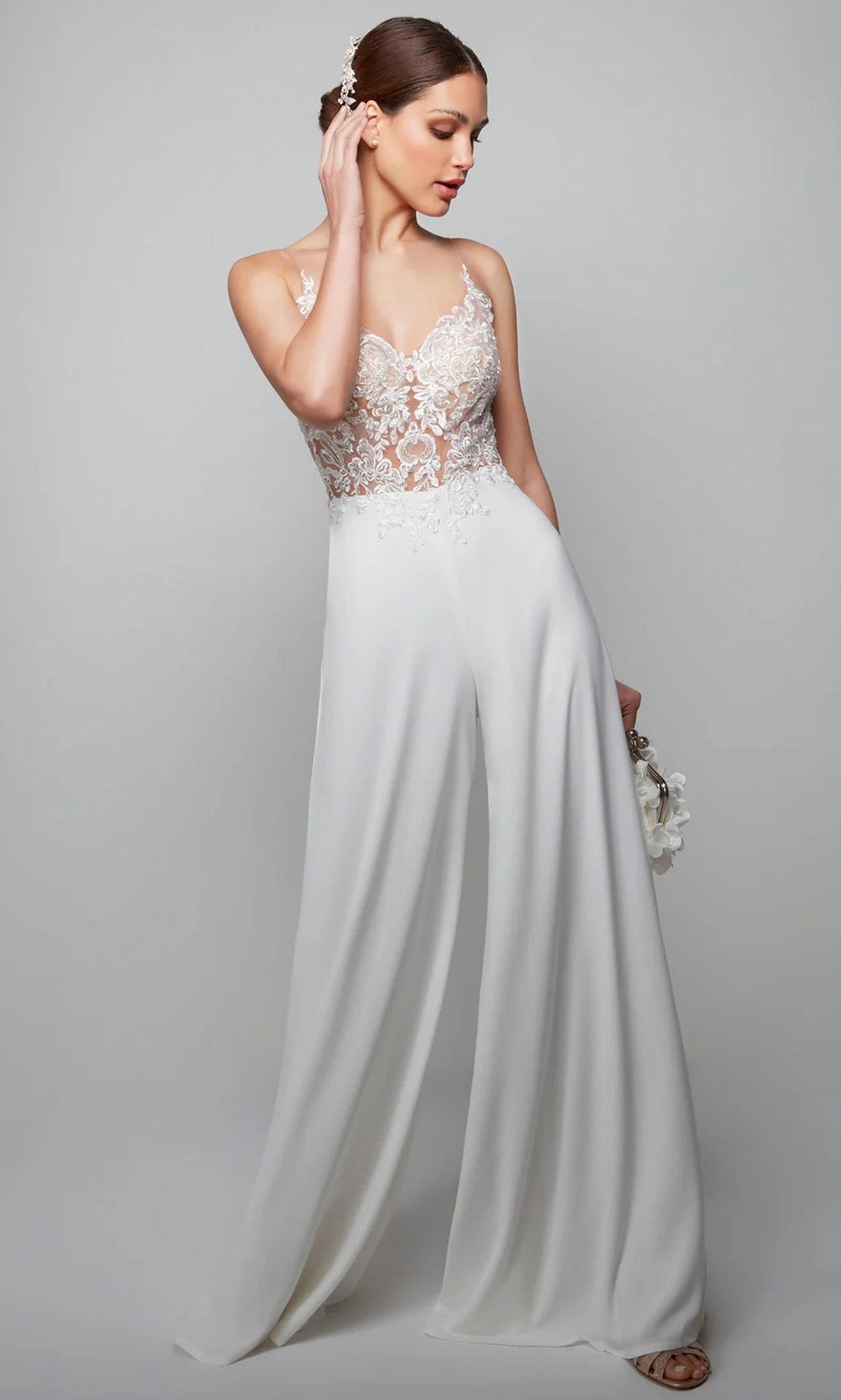 Alyce Paris 70017 - Sheer Lace Bodice Wide-Leg Jumpsuit