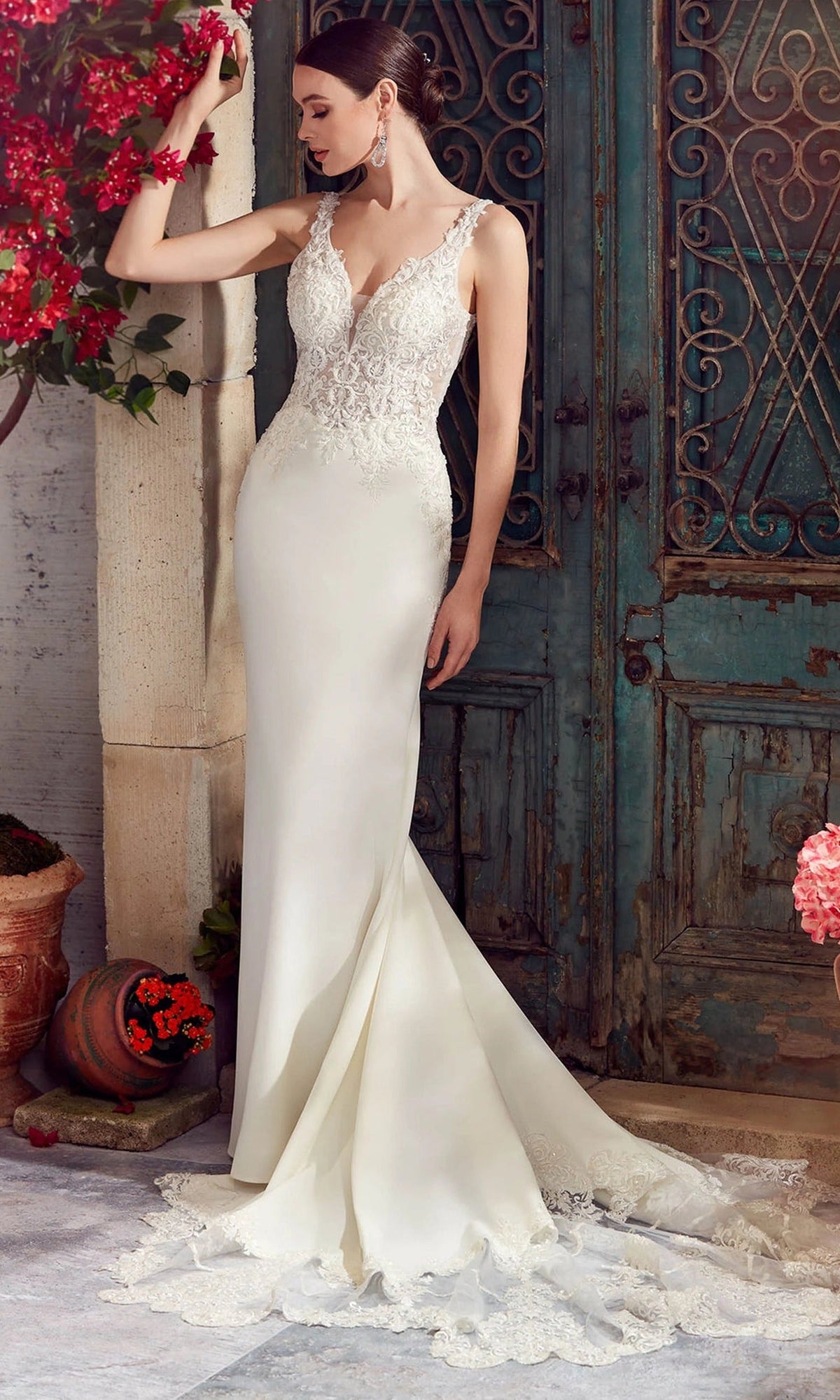 Alyce Paris 7027 - Lace Bodice Sheath Gown with Petal Train