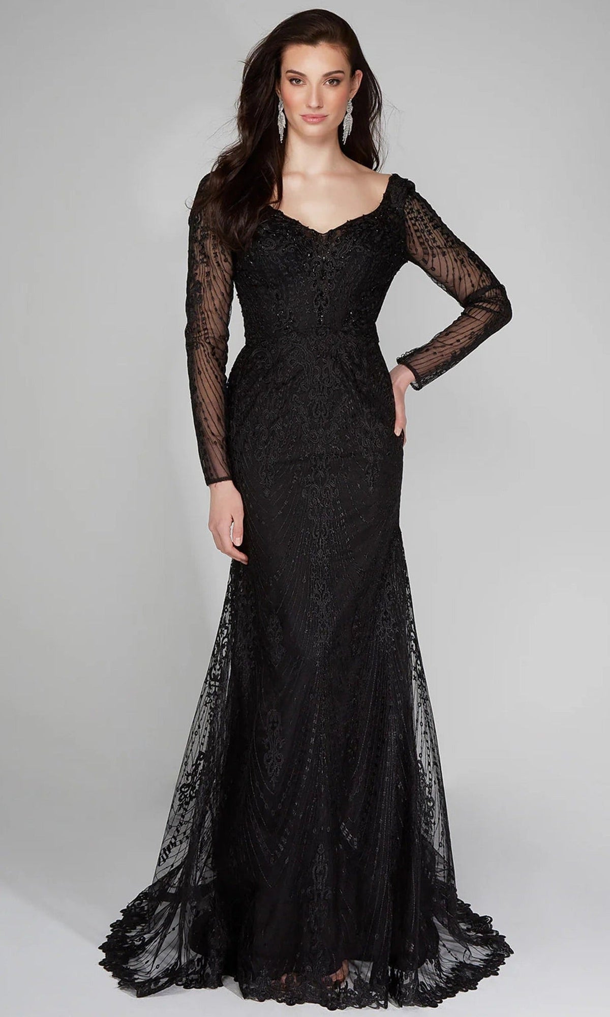 Alyce Paris 7030 - Long Sleeve Embroidered Tulle Dress