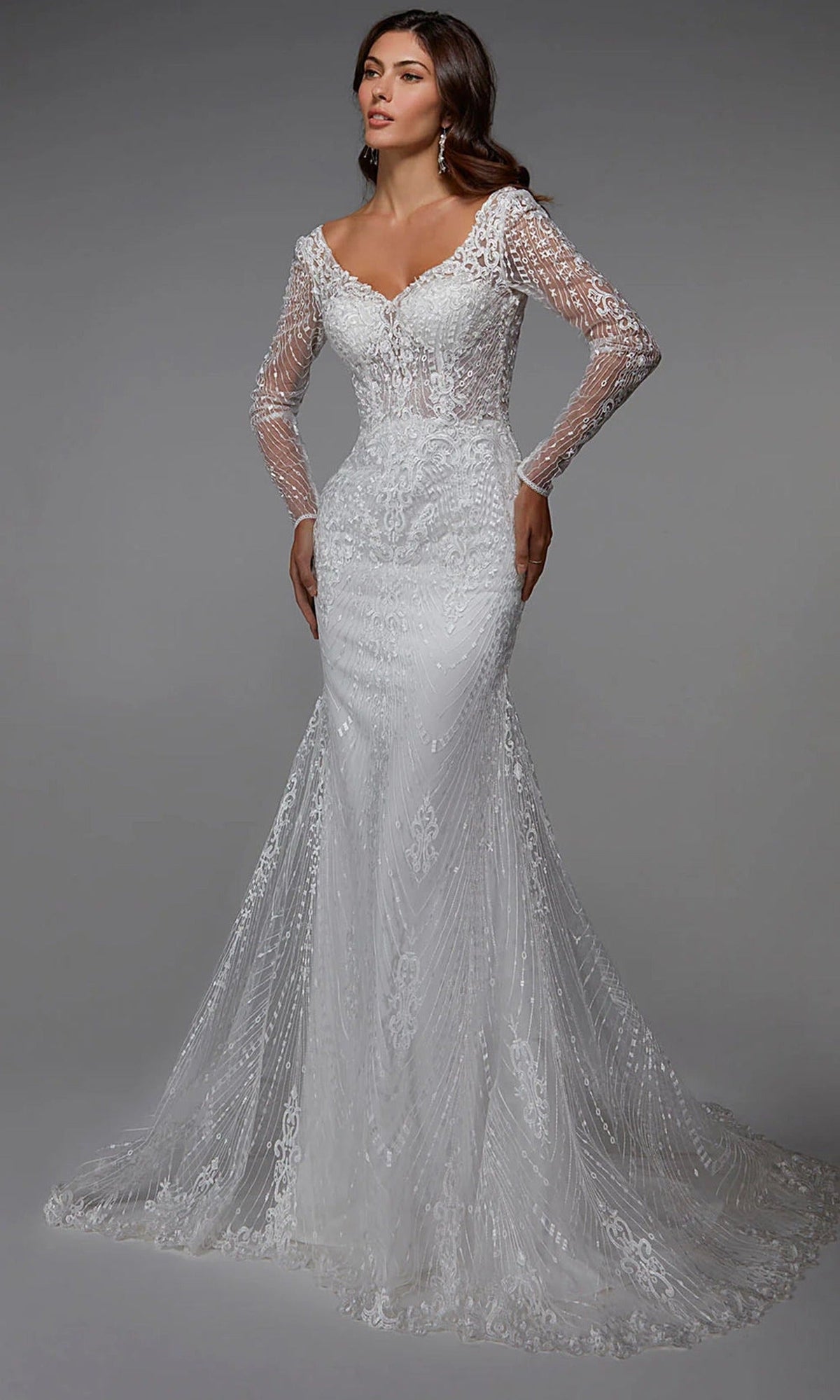 Alyce Paris 7030 - Long Sleeve Embroidered Tulle Dress