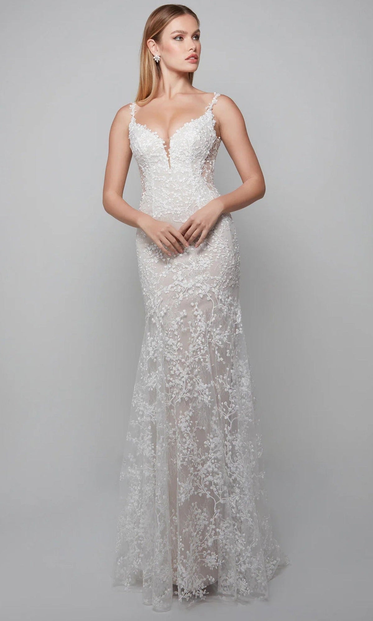 Alyce Paris 7077 - Fitted V-Neck Dress with Lace Applique