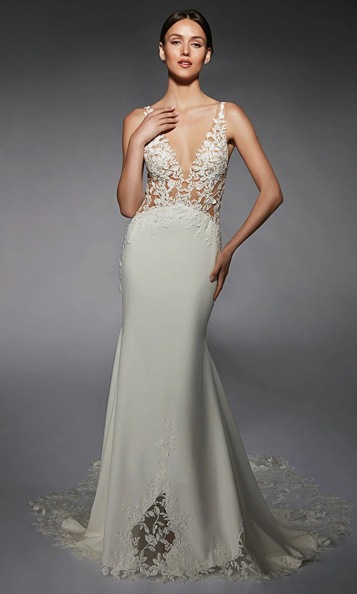 Alyce Paris 7117 - Floral Appliqued Illusion Trumpet Gown