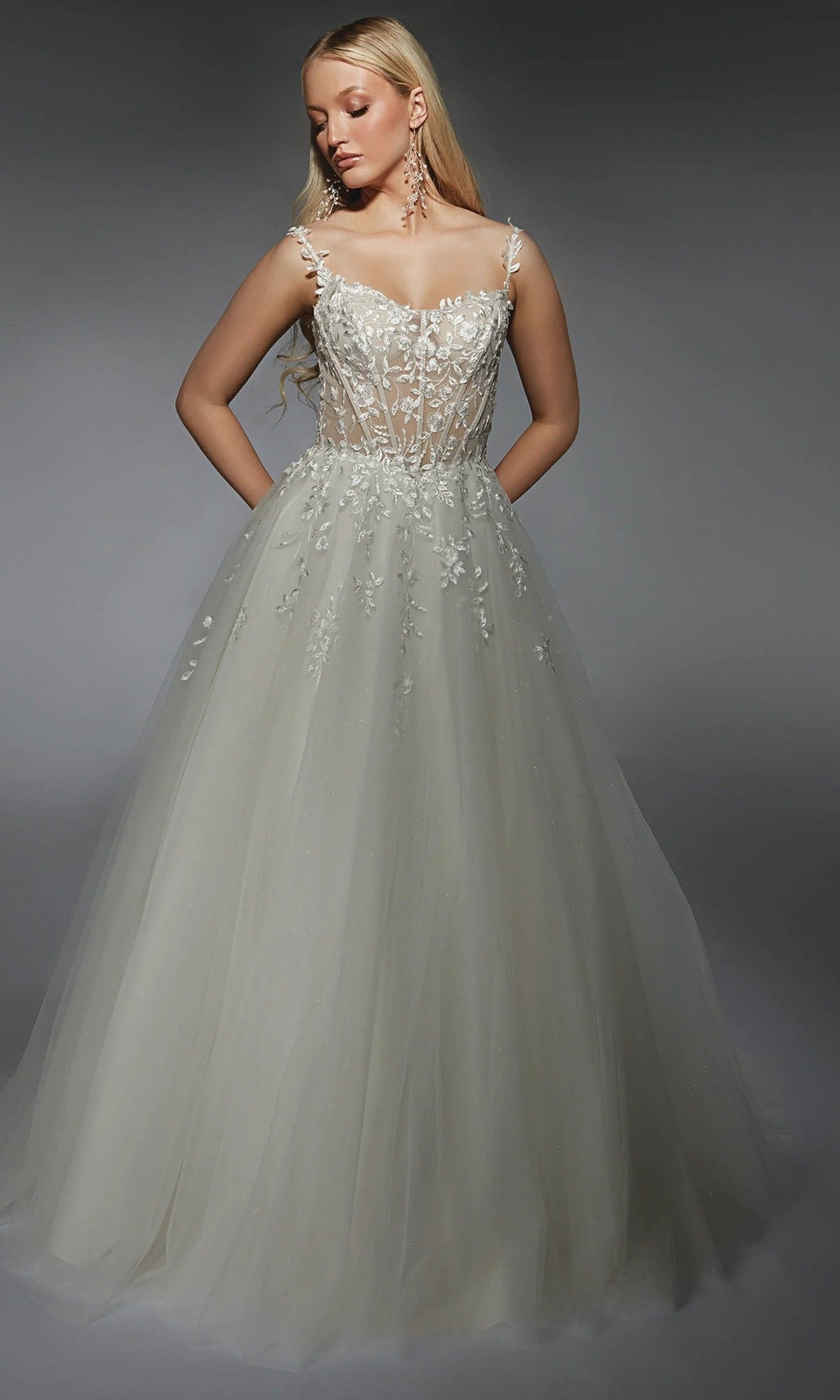 Alyce Paris 7130 - Sheer Corset Lace Appliqued A-Line Gown