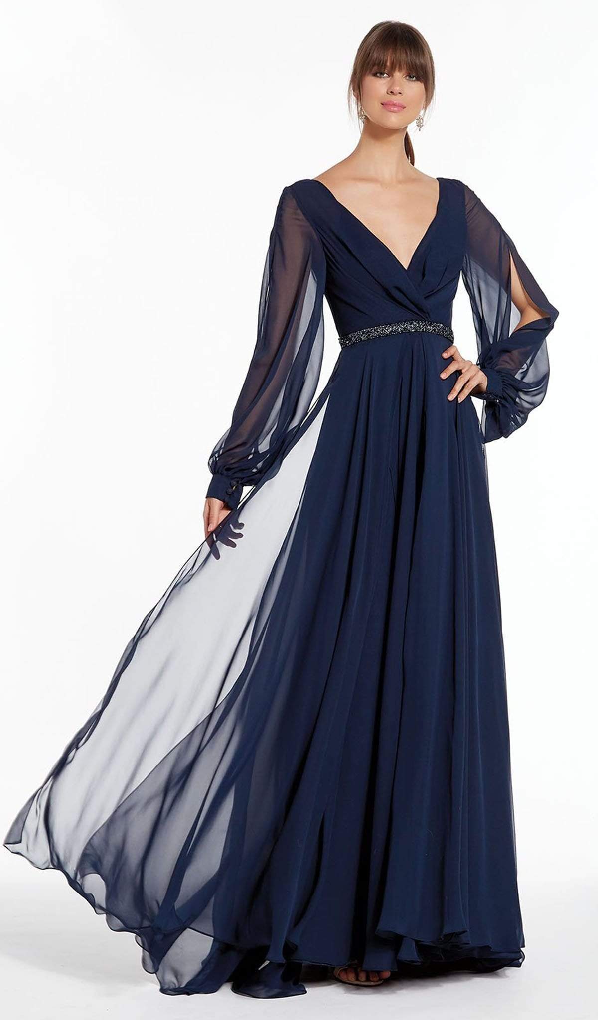Alyce Paris - Sheer Long Sleeve V-Neck Chiffon Gown 27295 - designer formal gown at Silhouette Dresses