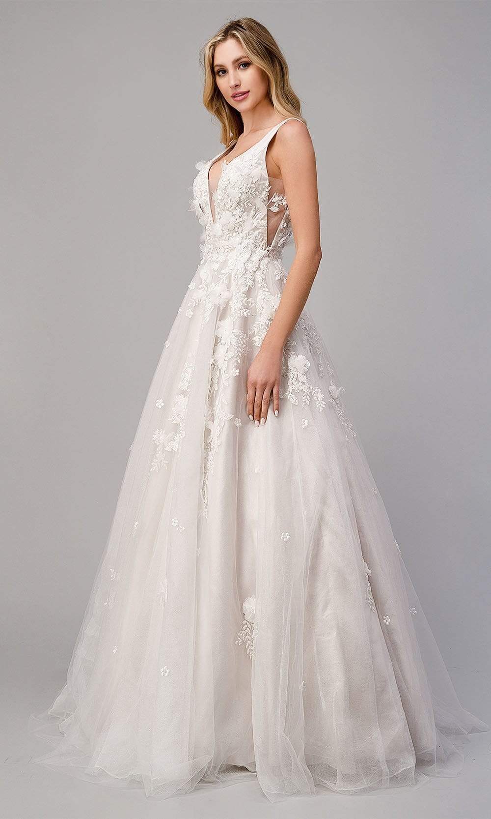 Andrea and Leo - A1028W Plunging Neck Floral Wedding Dress - detail view