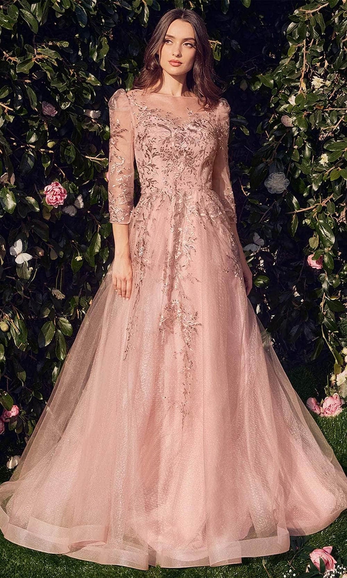Andrea and Leo A1352 - Quarter Sleeve Tulle Long Gown