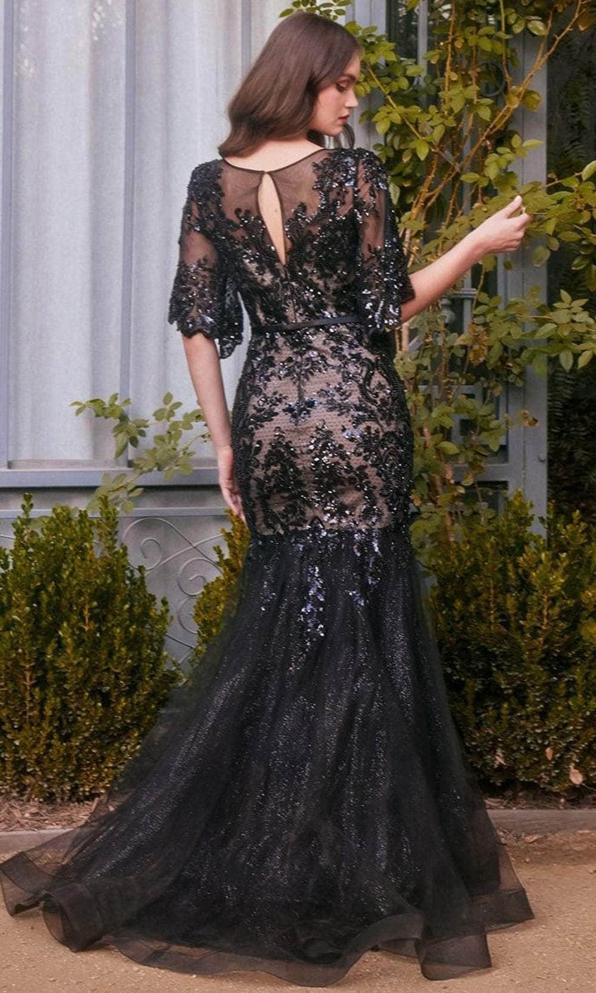 Andrea and Leo A1377 - Bell Sleeve Floral Sequin Evening Gown