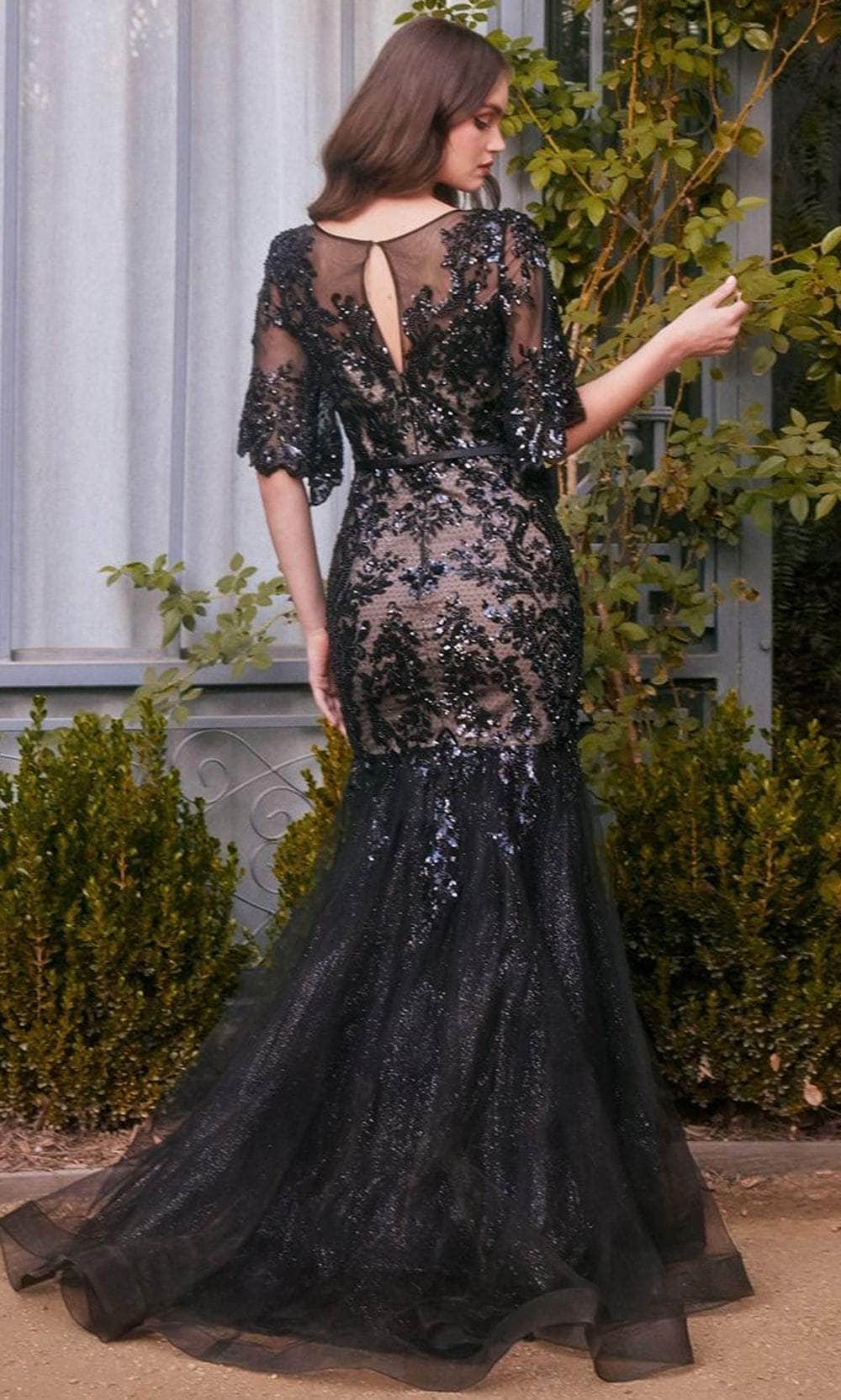 Andrea and Leo A1377 - Bell Sleeve Floral Sequin Evening Gown - back view