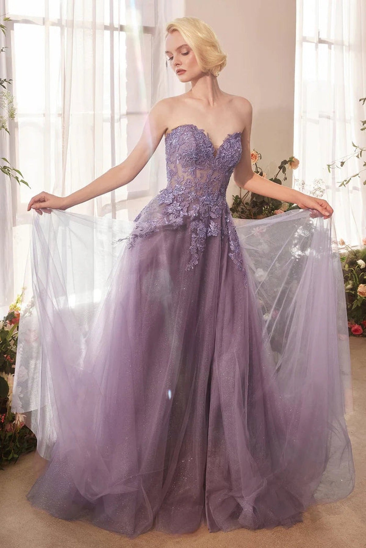 Andrea and Leo A1398 - Lace Appliqued Strapless Evening Gown