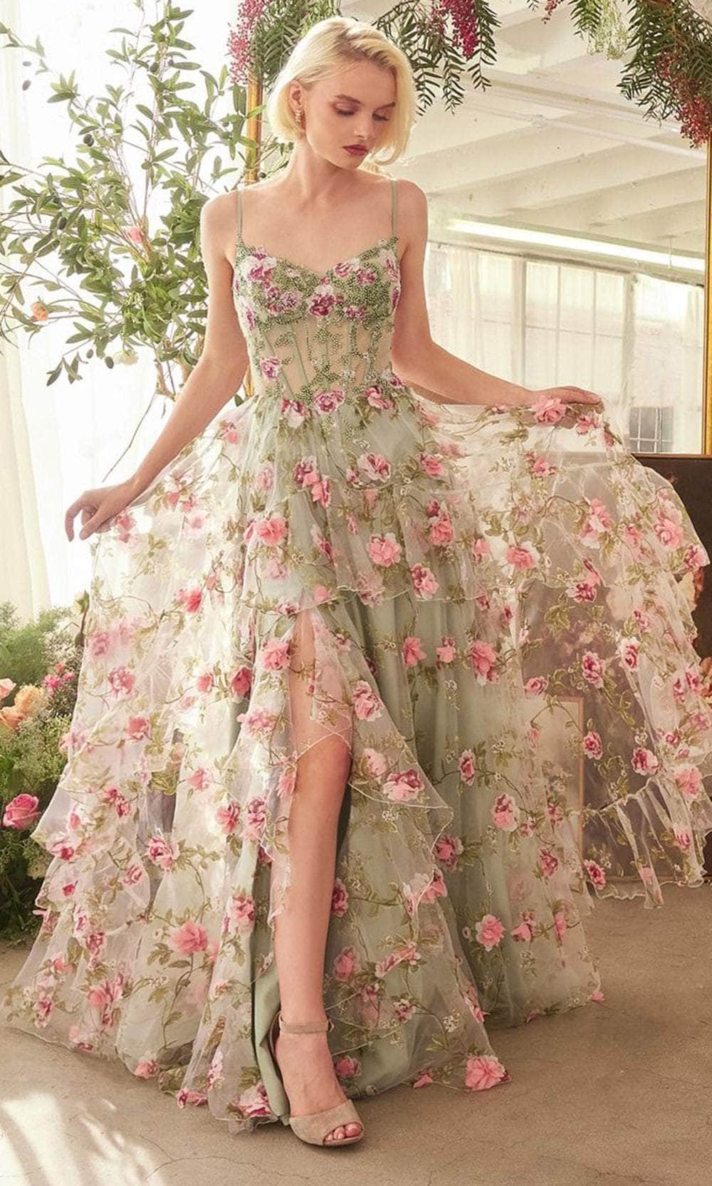 Andrea and Leo A1420 - Floral Print Ruffled A-Line Prom Gown - designer prom dress at Silhouette Dresses