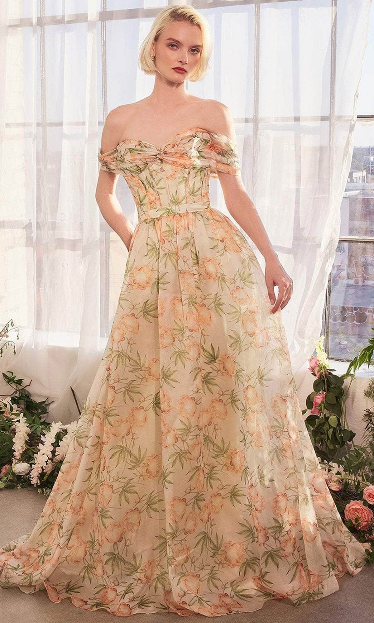 Andrea and Leo A1466 - Floral Print Off Shoulder Prom Gown