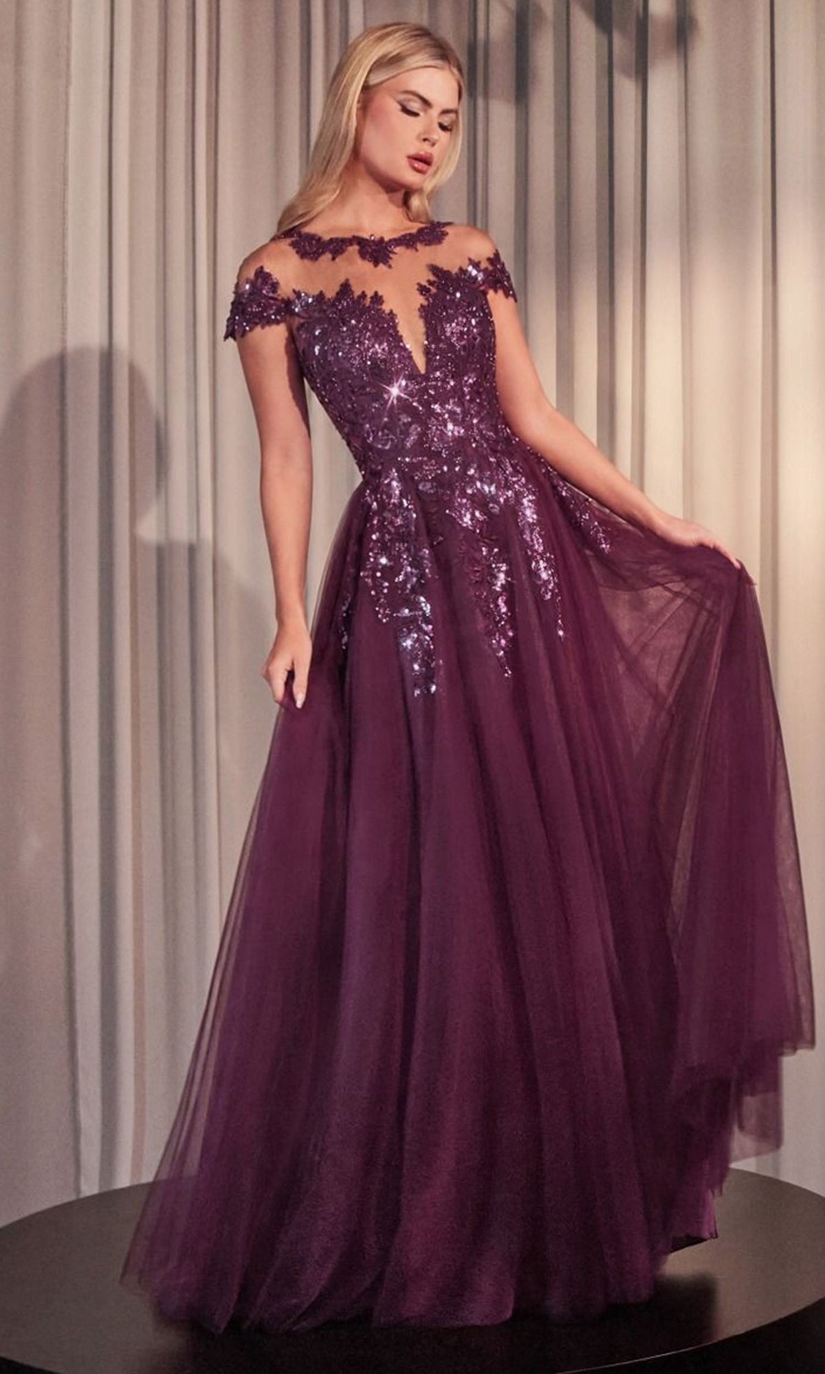 Andrea and Leo A1475 Floral Applique Cap Sleeve Dress
