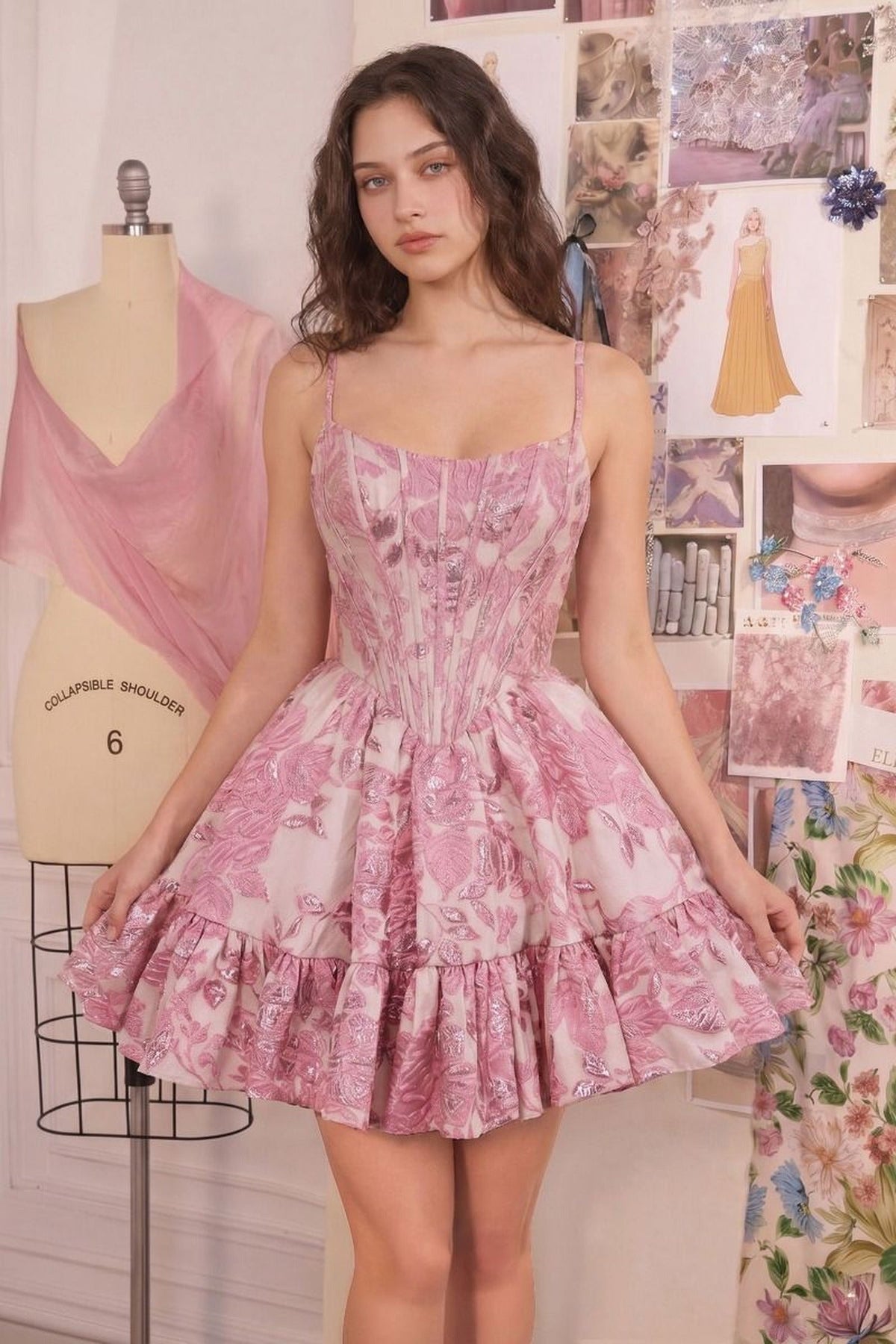 Andrea and Leo A1522 - Metallic Floral Jacquard Ruffle Hem Dress
