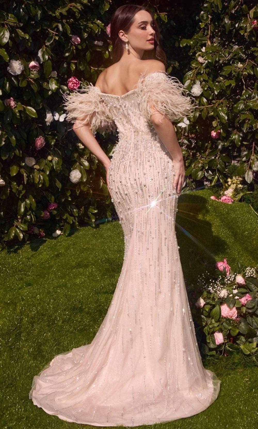 Andrea and Leo MA102 - Feathered Off Shoulder Evening Gown - back view