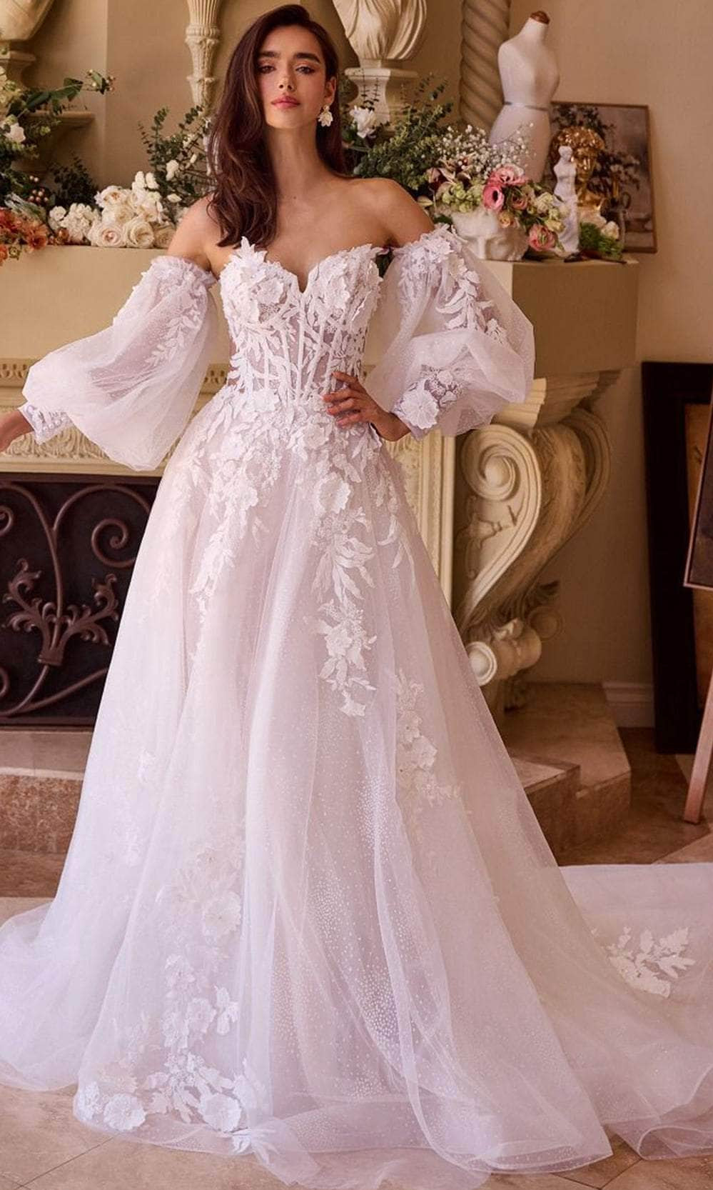Andrea and Leo WL018 - Puff Sleeve Applique Bridal Gown - designer wedding dress at Silhouette Dresses