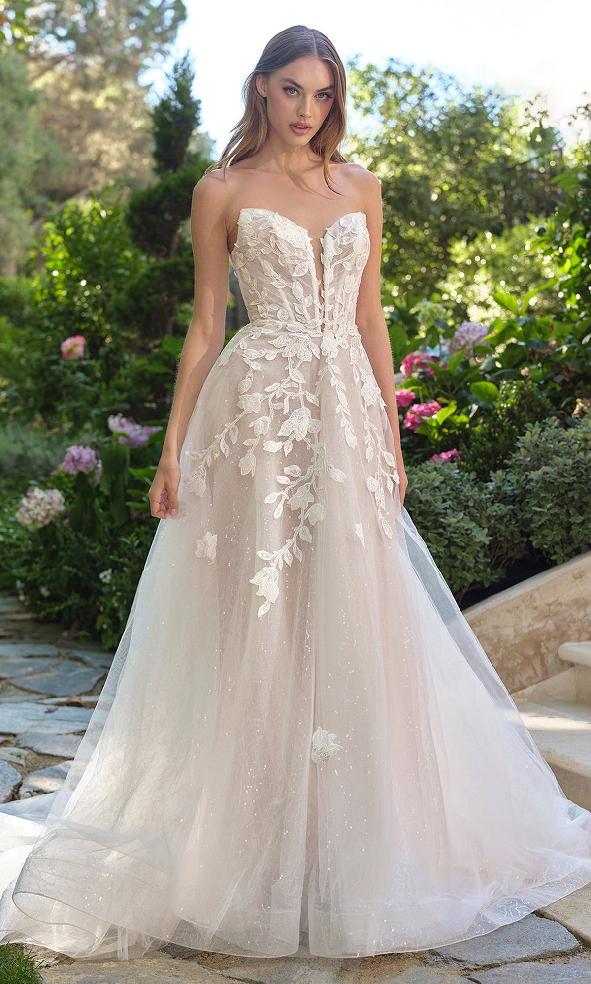Andrea and Leo WL070 - Illusion Plunge Floral Wedding Dress