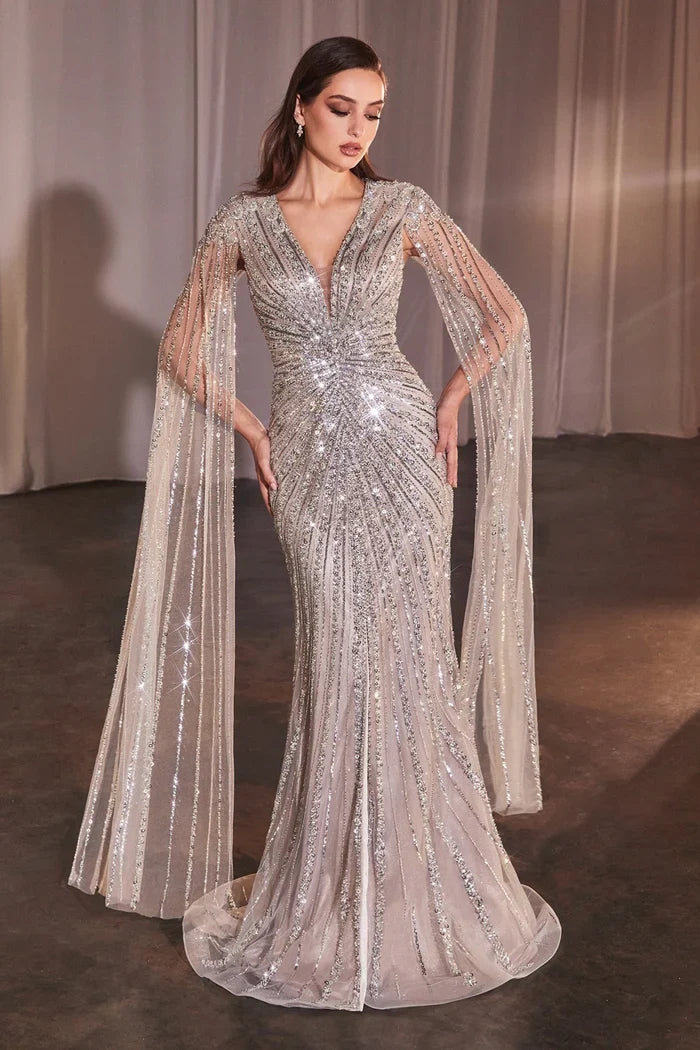 Cinderella Divine CD0239 - Embellished Cape Sleeves Prom Dress