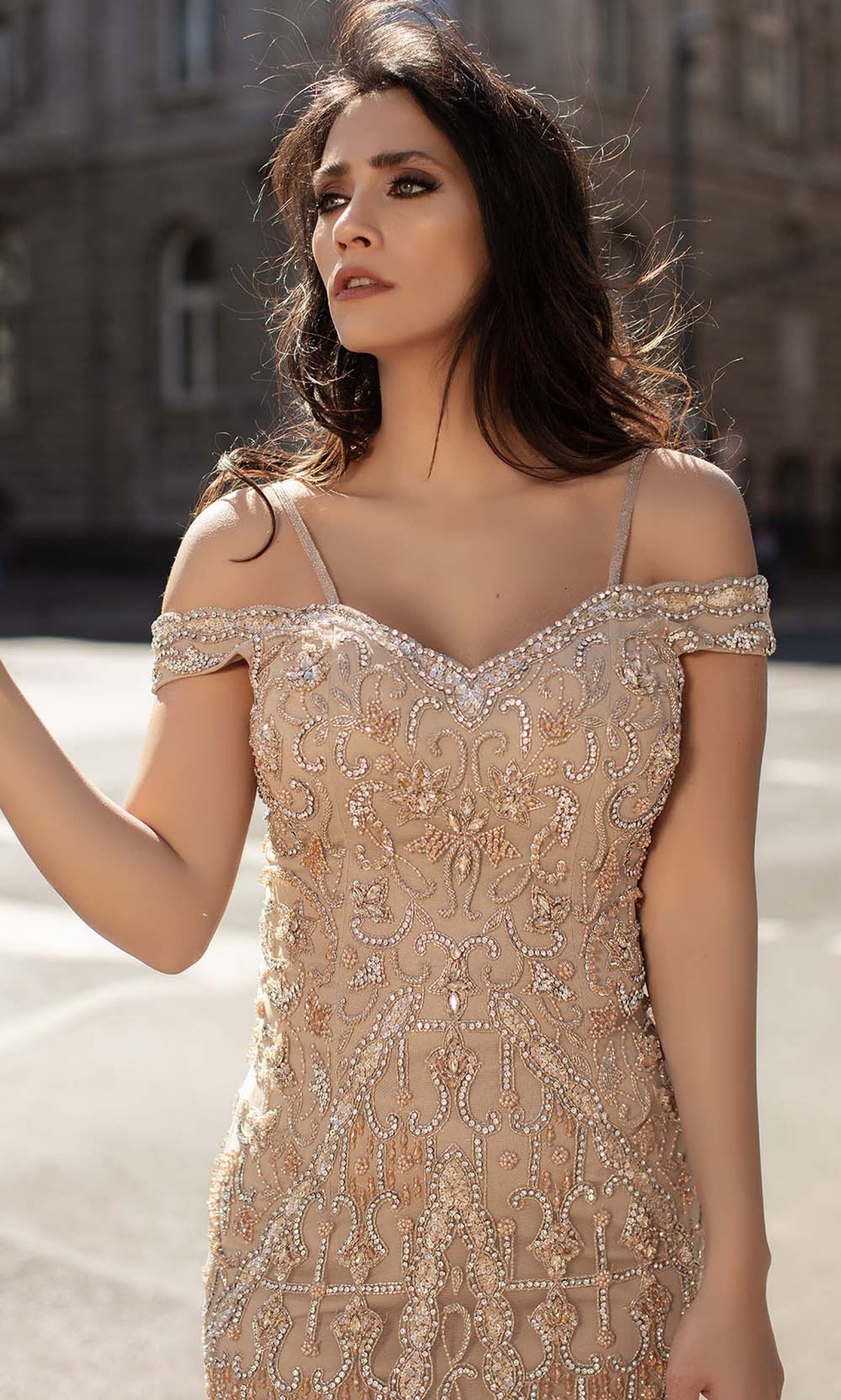 Chic and Holland - HF1578 Bead Embellished Off Shoulder Dress