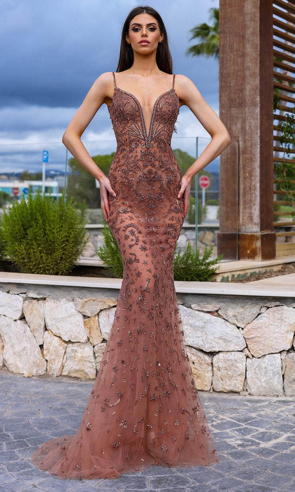 Chic and Holland AR330331 - Plunging V-Neck Mermaid Prom Gown - Silhouette Dresses