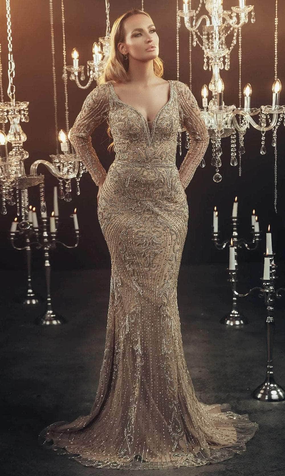 Chic and Holland HF110117 - Scoop Back Beaded Evening Dress - Silhouette Dresses