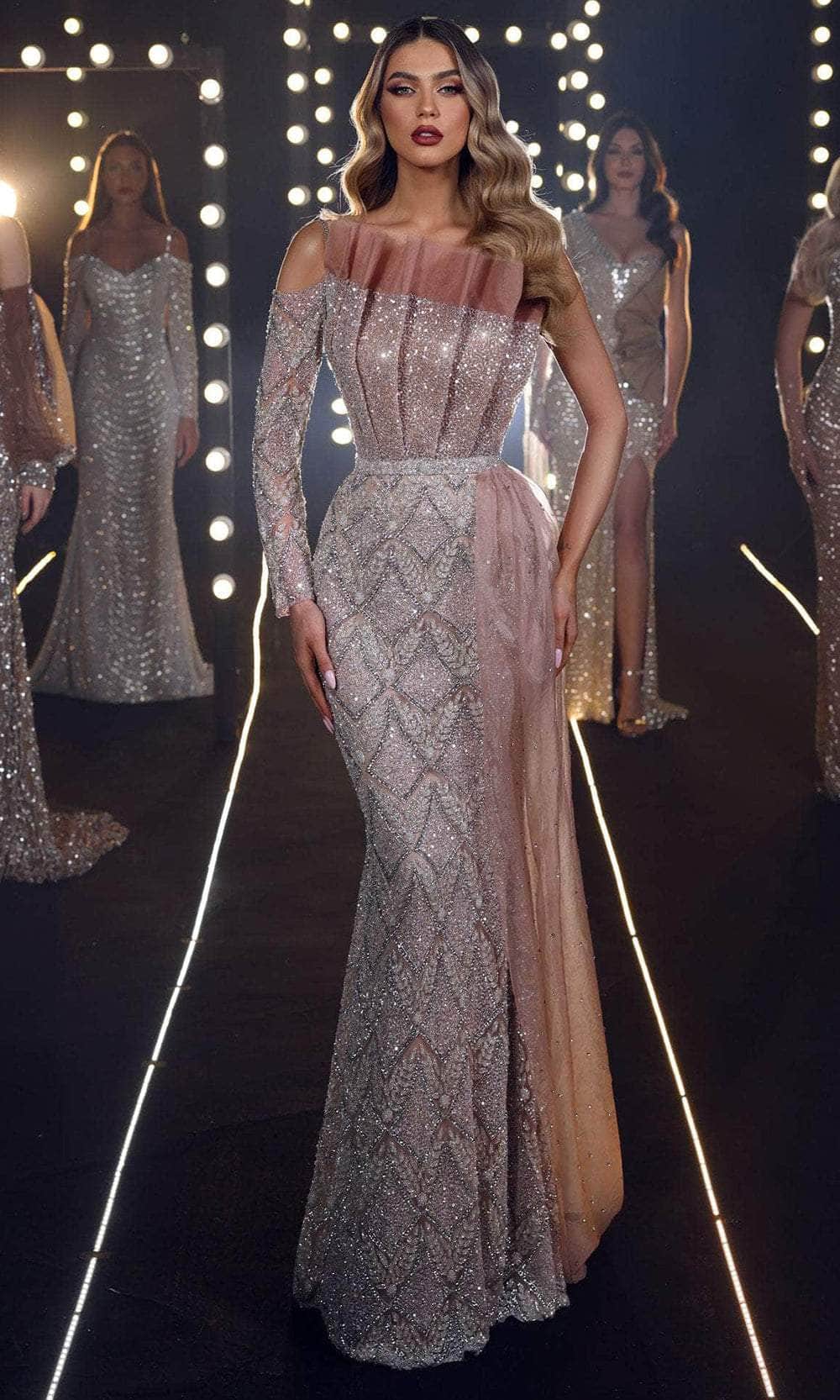 Chic and Holland HF110155 - Asymmetrical Bodice Evening Gown - Silhouette Dresses