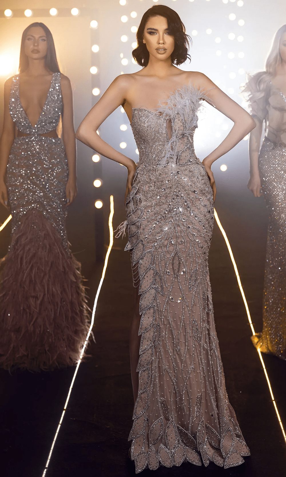 Chic and Holland HF110173 - Feather Fringed Evening Dress - Silhouette Dresses