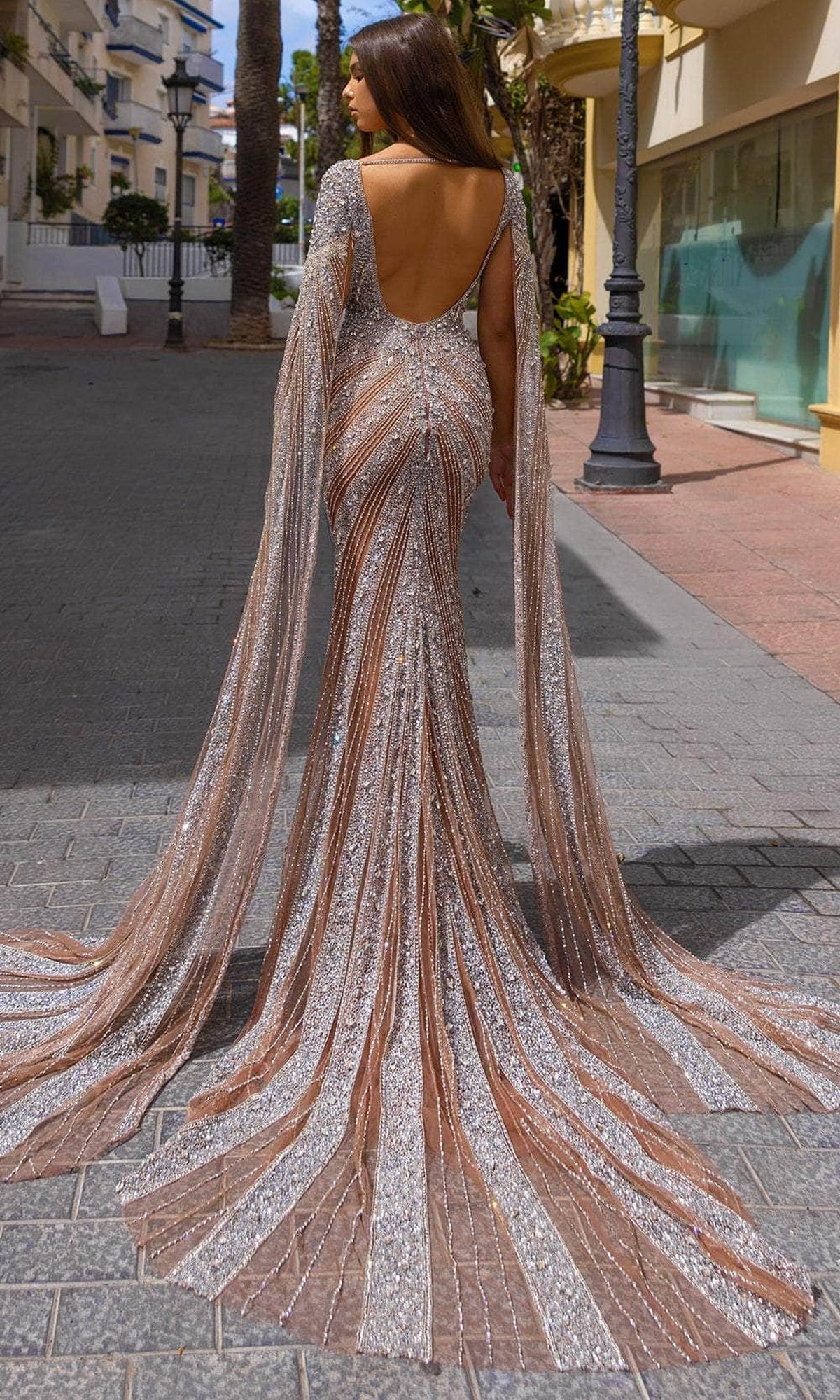 Chic and Holland HF110276 - Cape Sleeve Scoop Back Evening Dress