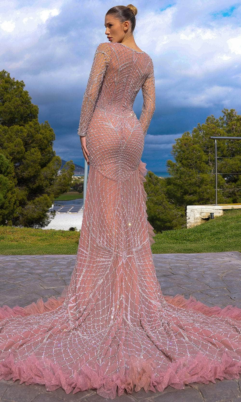 Chic and Holland HF110285 - Long Sleeve Ruffle Trim Evening Dress - back view
