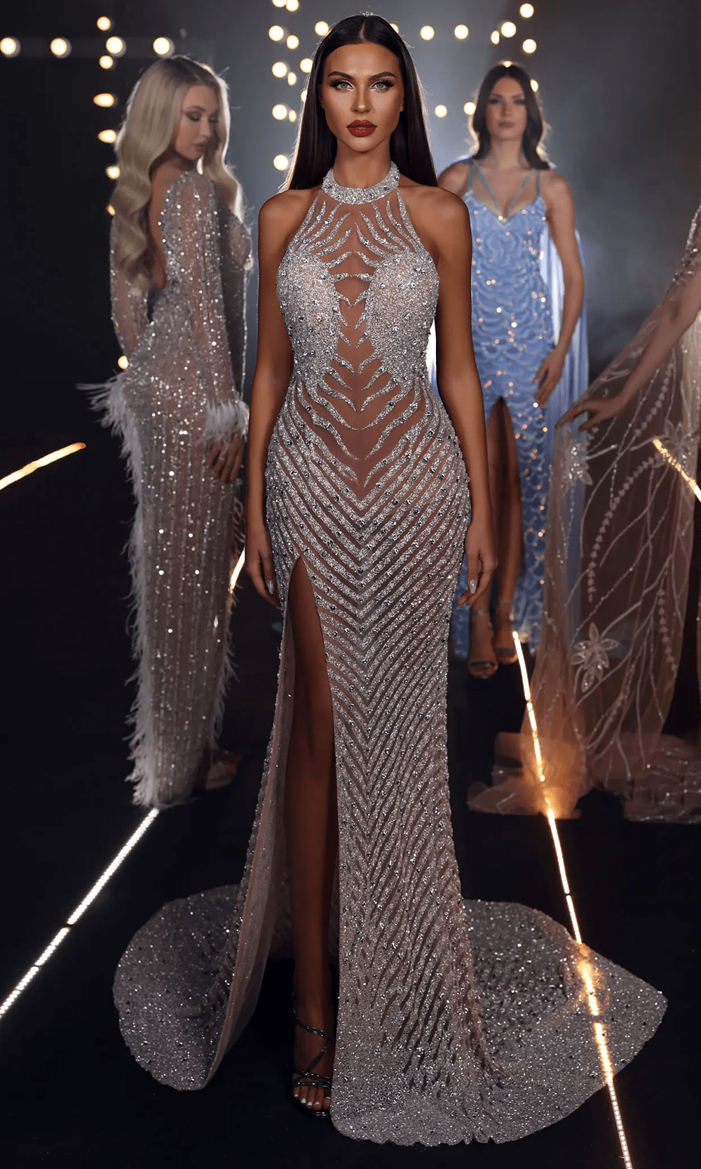 Chic and Holland HF110333 - Illusion Halter Beaded Evening Gown - Silhouette Dresses
