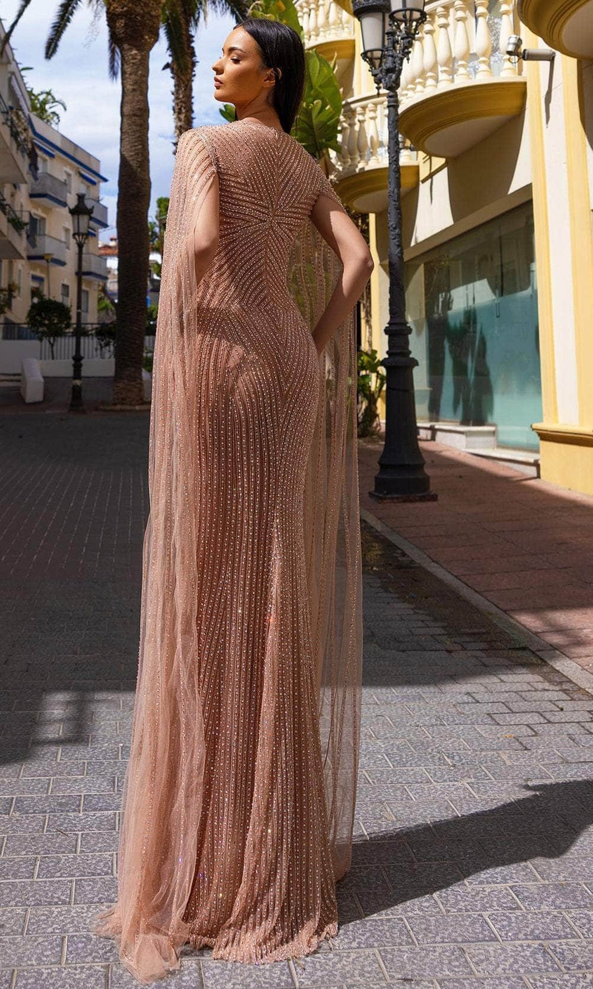 Chic and Holland HF110345 - Cape Sleeve Cutout Evening Dress