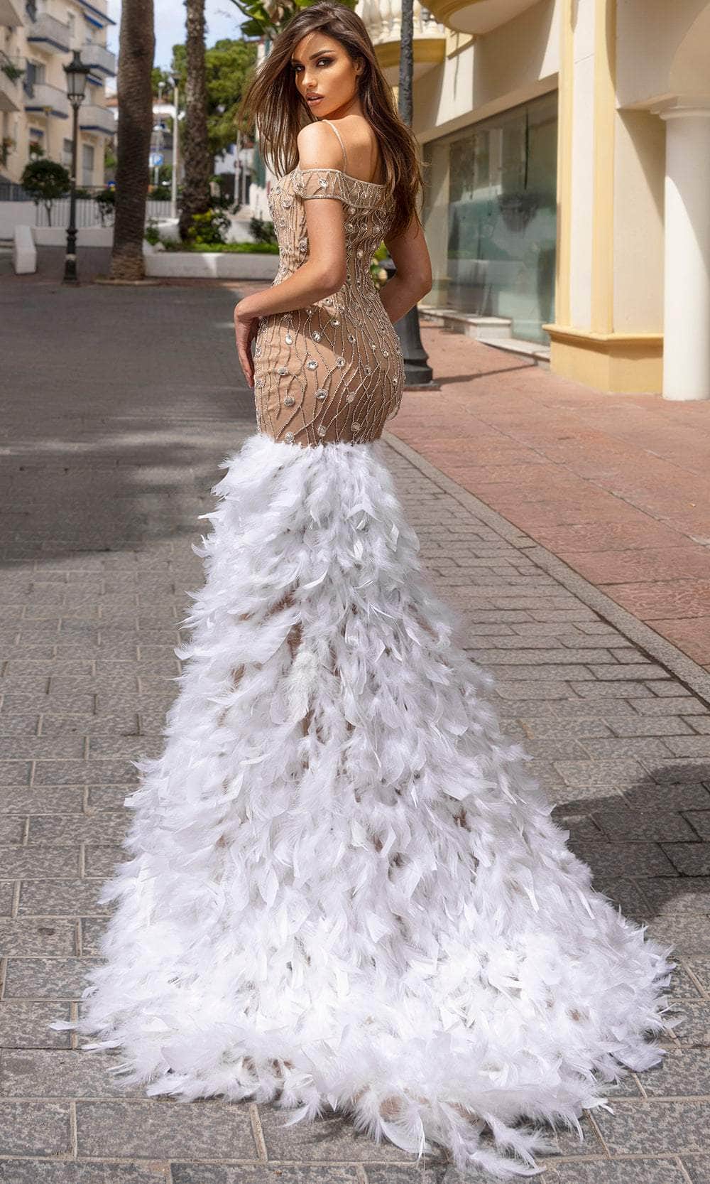 Chic and Holland HF110349 - Cold Shoulder Feather Evening Dress - back view
