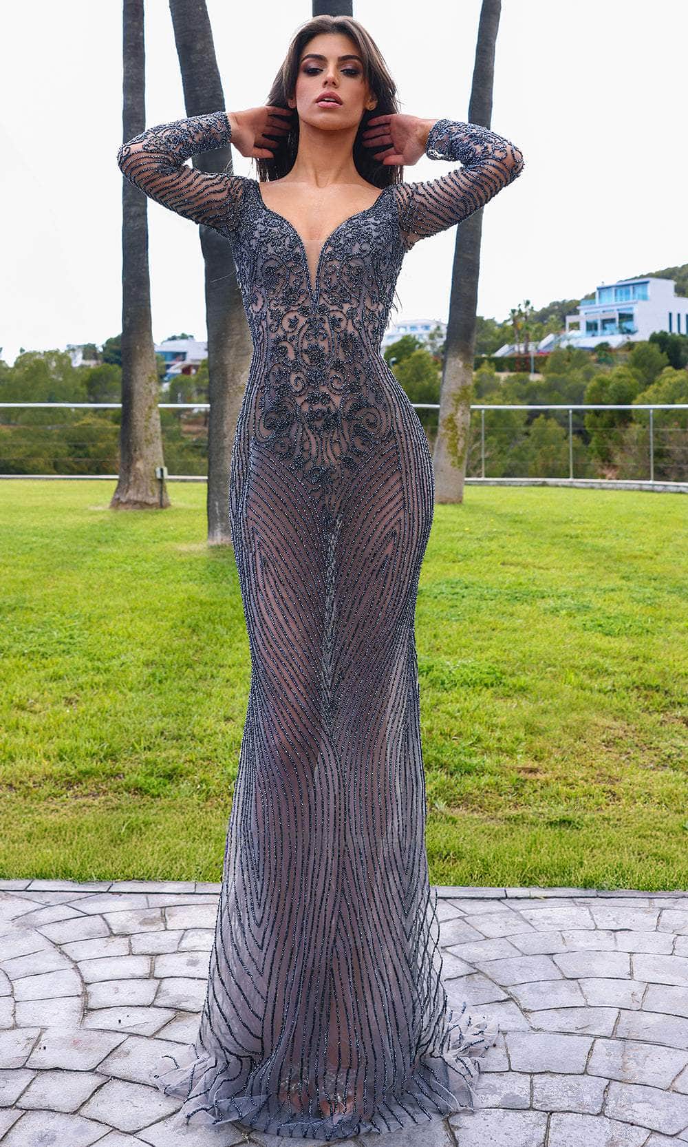 Chic and Holland HF110397 - Illusion Bodice Long Sleeve Evening Dress - Silhouette Dresses