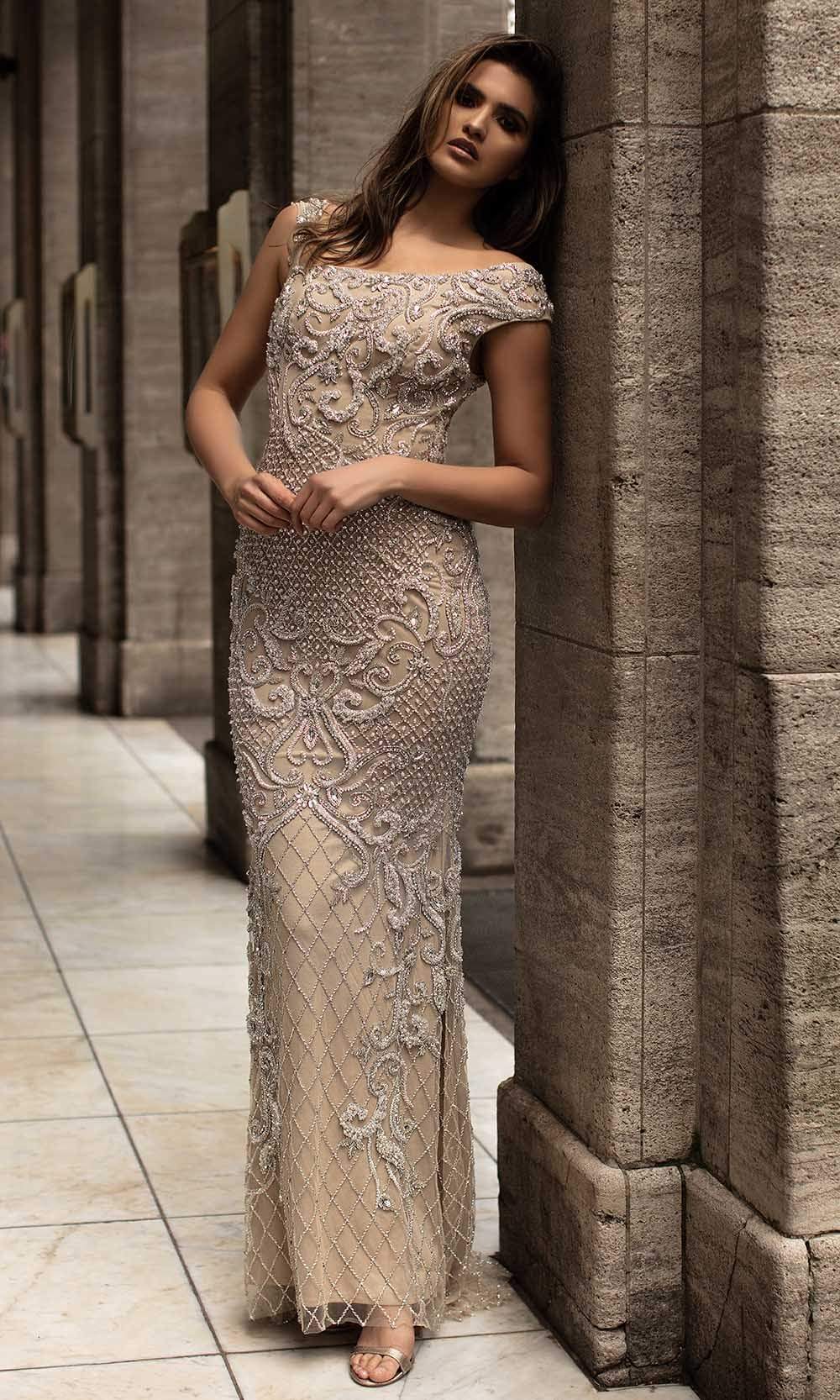 Chic and Holland - HF1520 Bateau Neck Jewel Adorned Sheath Gown - Silhouette Dresses
